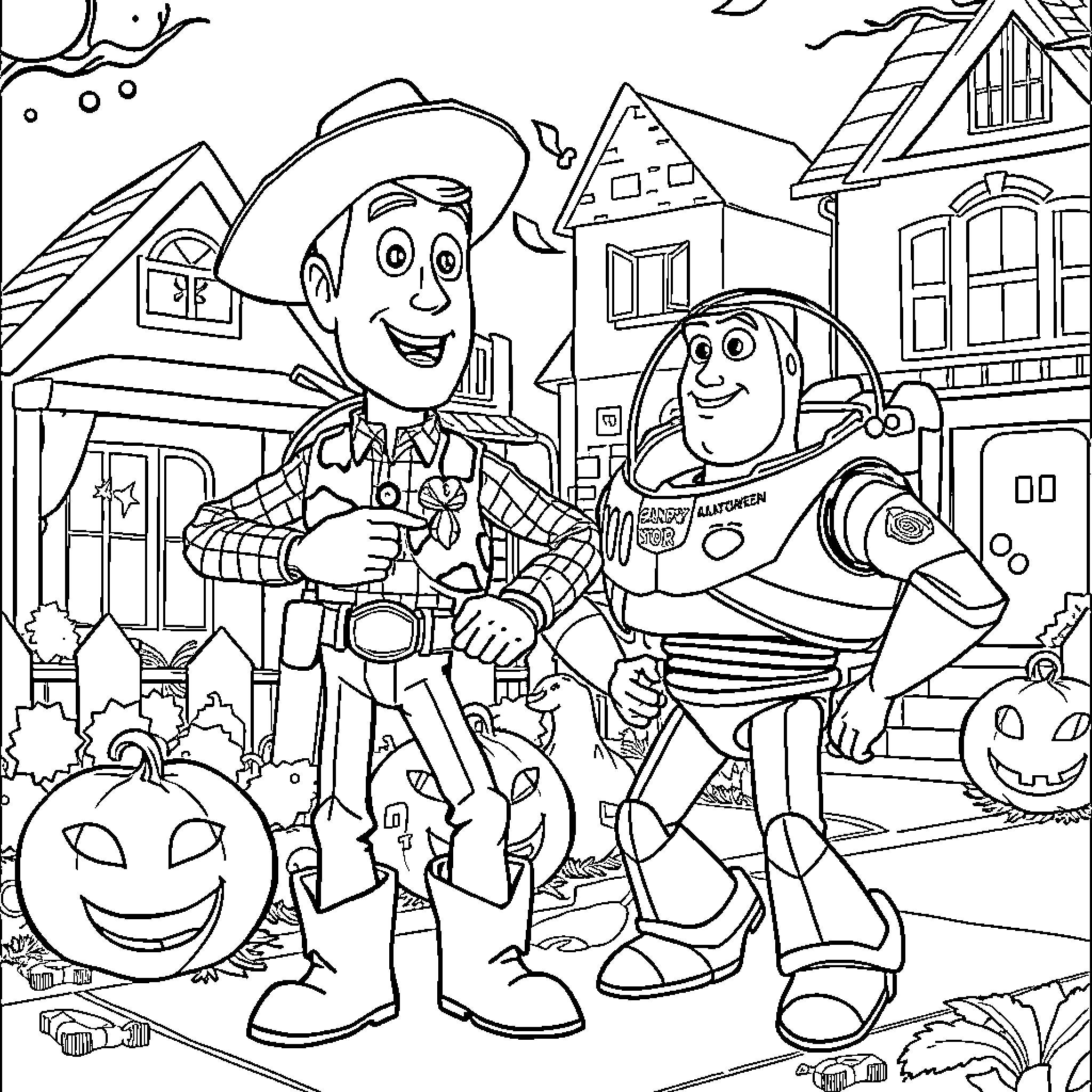 Woody and Buzz having a Halloween adventure Coloring Page (free black-and-white line drawing printable PDF for all, from beginners to advanced learners, including children, teens, adults, and seniors)