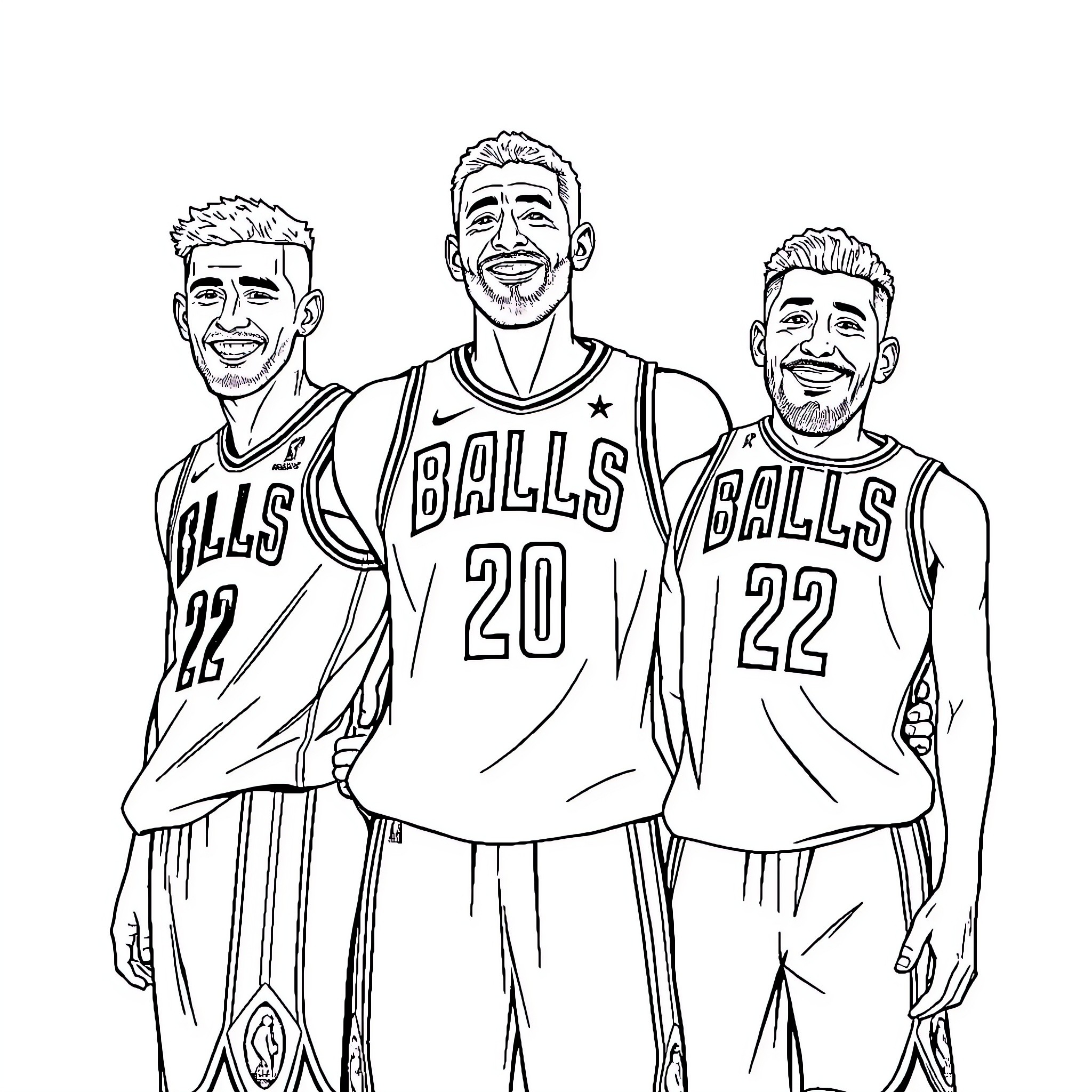 Ball Brothers Posing Together on Basketball Court Coloring Page (free black-and-white line drawing printable PDF for all, from beginners to advanced learners, including children, teens, adults, and seniors)