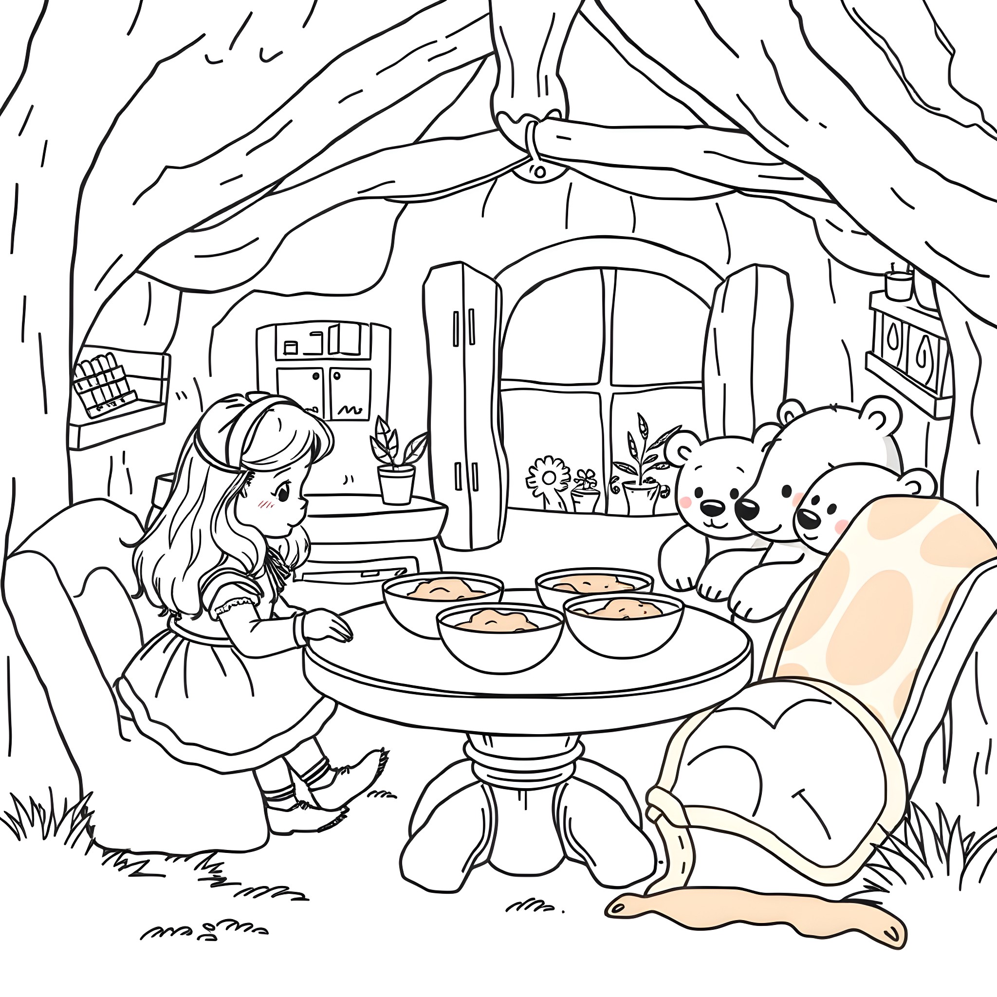 Goldilocks exploring the cottage with three bears Coloring Page (free black-and-white line drawing printable PDF for all, from beginners to advanced learners, including children, teens, adults, and seniors)