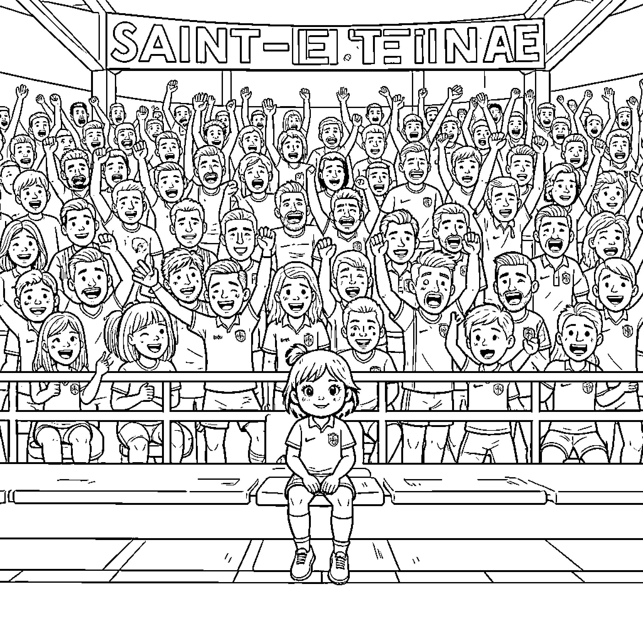 Fille sitting calmly in front of cheering crowd Coloring Page (free black-and-white line drawing printable PDF for all, from beginners to advanced learners, including children, teens, adults, and seniors)