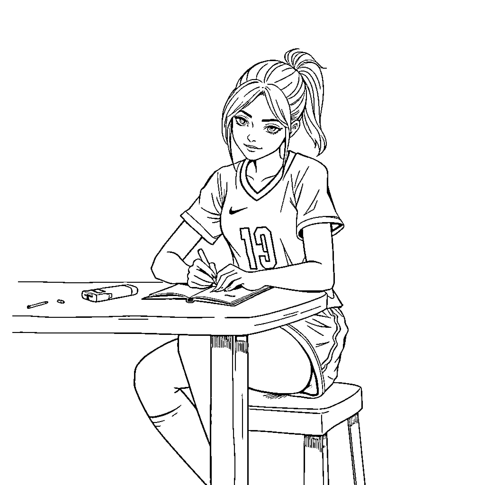 Player studying diligently at the desk Coloring Page (free black-and-white line drawing printable PDF for all, from beginners to advanced learners, including children, teens, adults, and seniors)