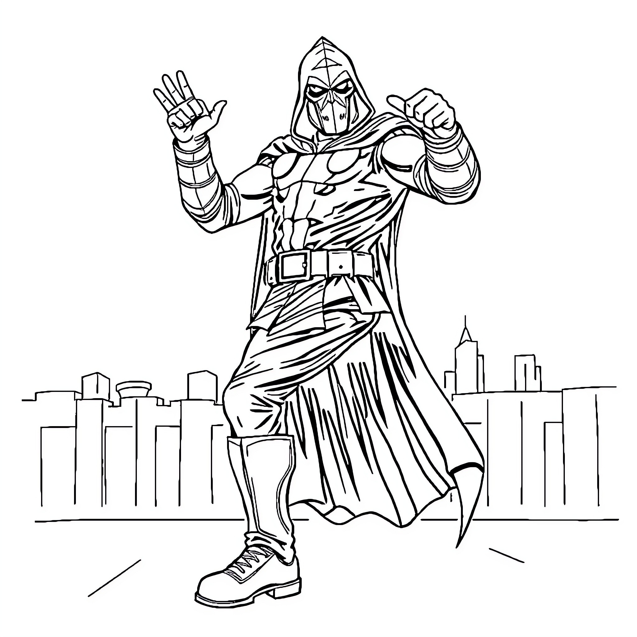 Doctor Doom Menacing Pose in City Skyline Coloring Page (free black-and-white line drawing printable PDF for all, from beginners to advanced learners, including children, teens, adults, and seniors)