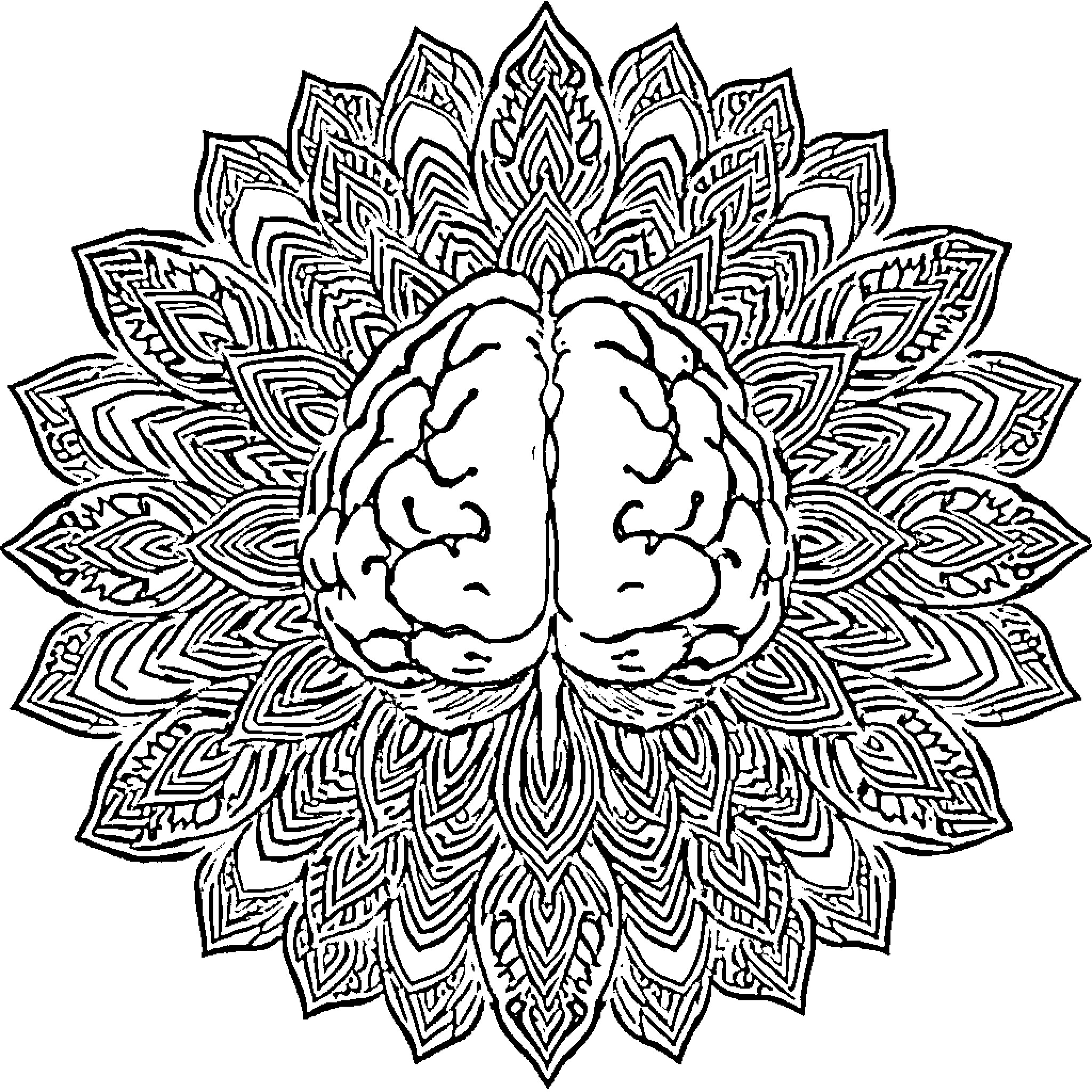 Brain Surrounded by Intricate Mandala Pattern Coloring Page (free black-and-white line drawing printable PDF for all, from beginners to advanced learners, including children, teens, adults, and seniors)