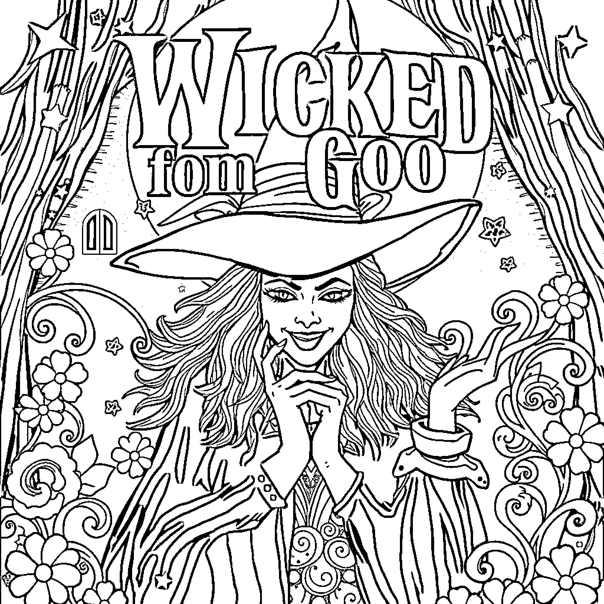 Wicked Witch Casting a Spell Coloring Page (free black-and-white line drawing printable PDF for all, from beginners to advanced learners, including children, teens, adults, and seniors)
