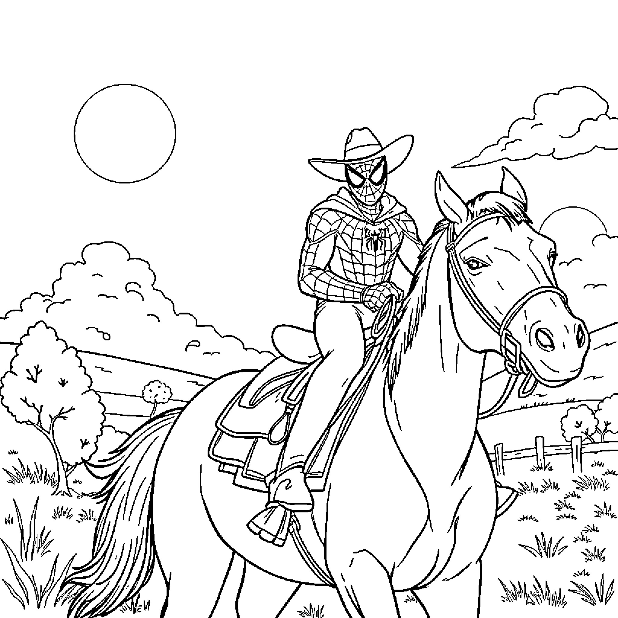 Spiderman on horseback in a rustic countryside Coloring Page (free black-and-white line drawing printable PDF for all, from beginners to advanced learners, including children, teens, adults, and seniors)