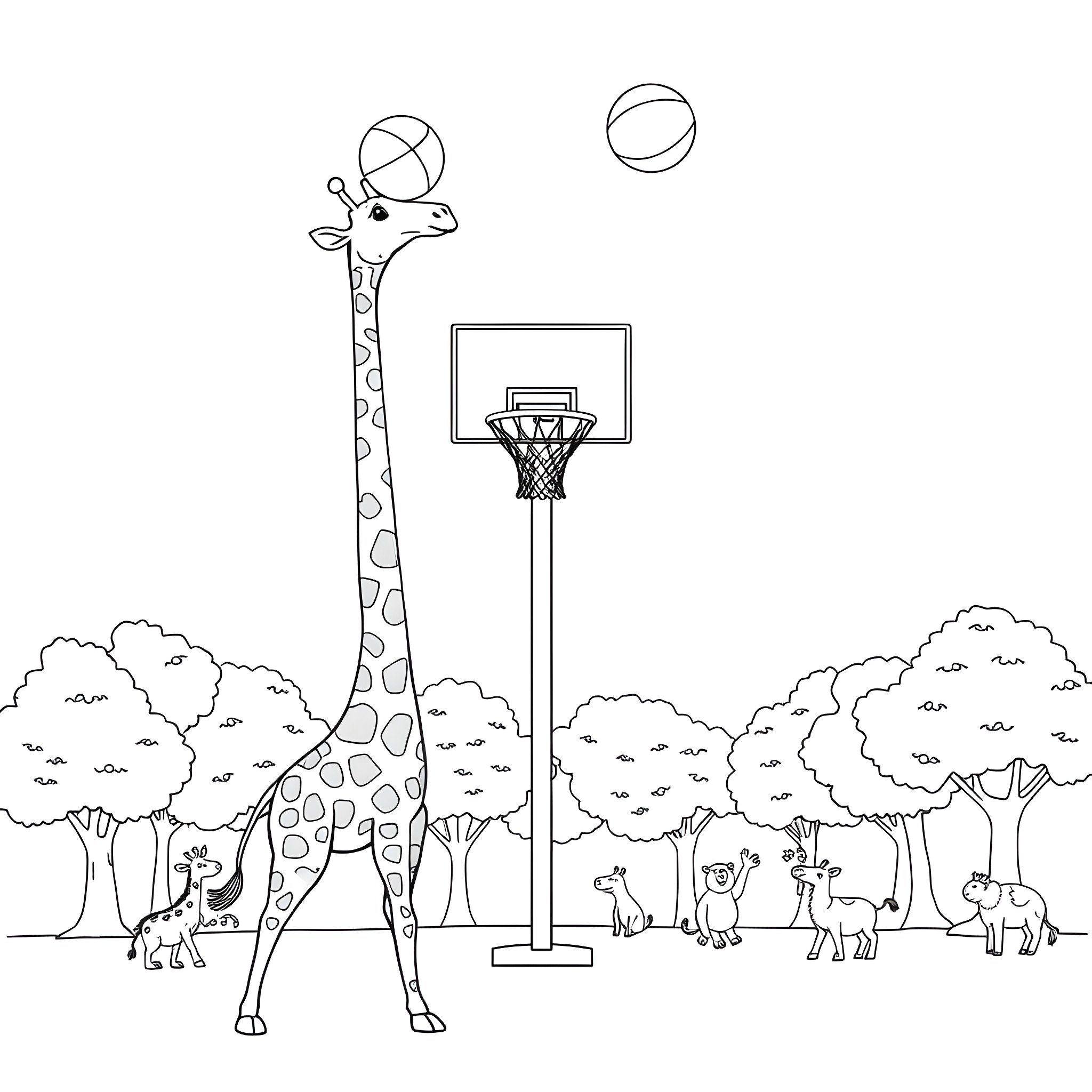Giraffe playing basketball with friends in the park Coloring Page (free black-and-white line drawing printable PDF for all, from beginners to advanced learners, including children, teens, adults, and seniors)