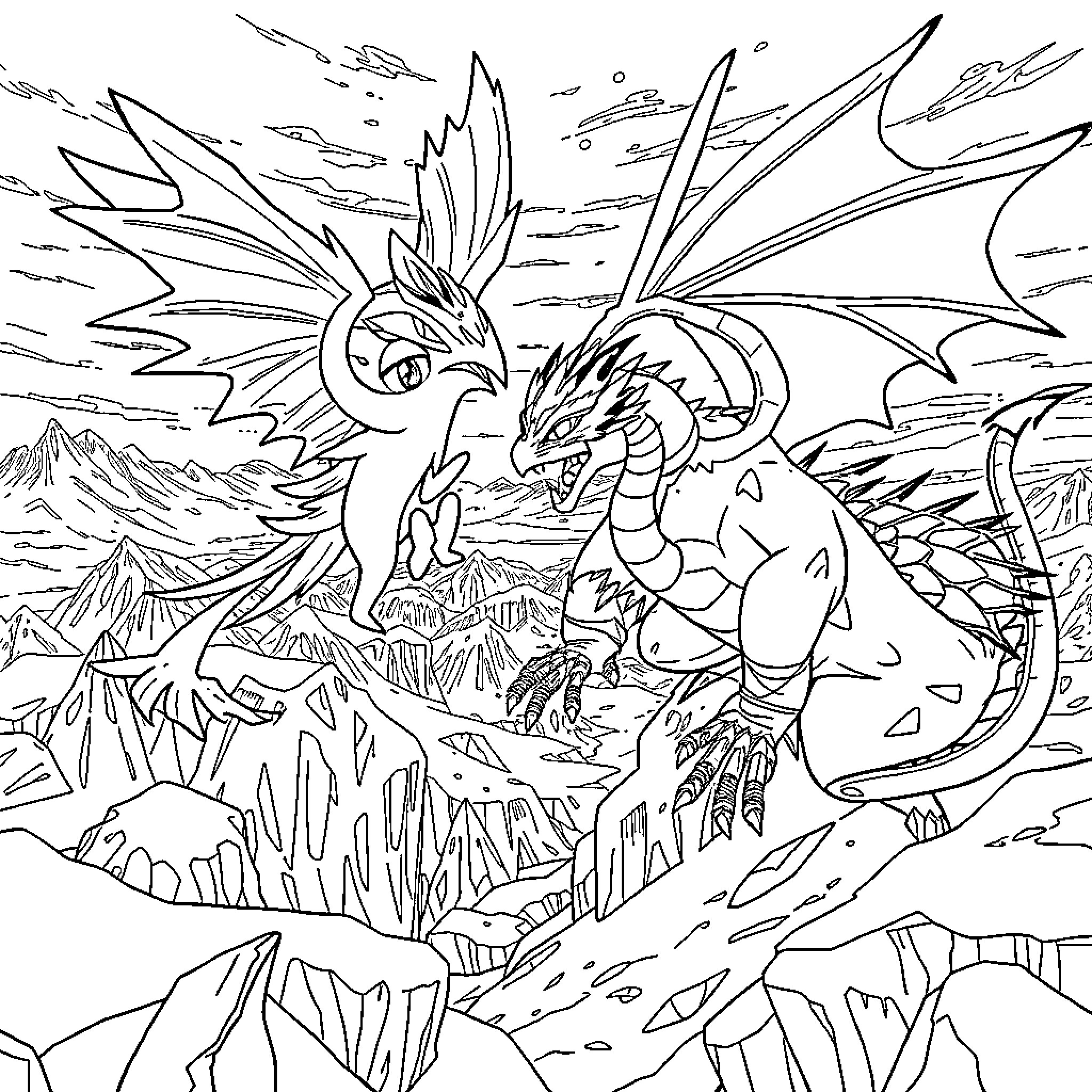 Articuno Mythical Creatures Battling in Dramatic Landscape Coloring Page (free black-and-white line drawing printable PDF for all, from beginners to advanced learners, including children, teens, adults, and seniors)