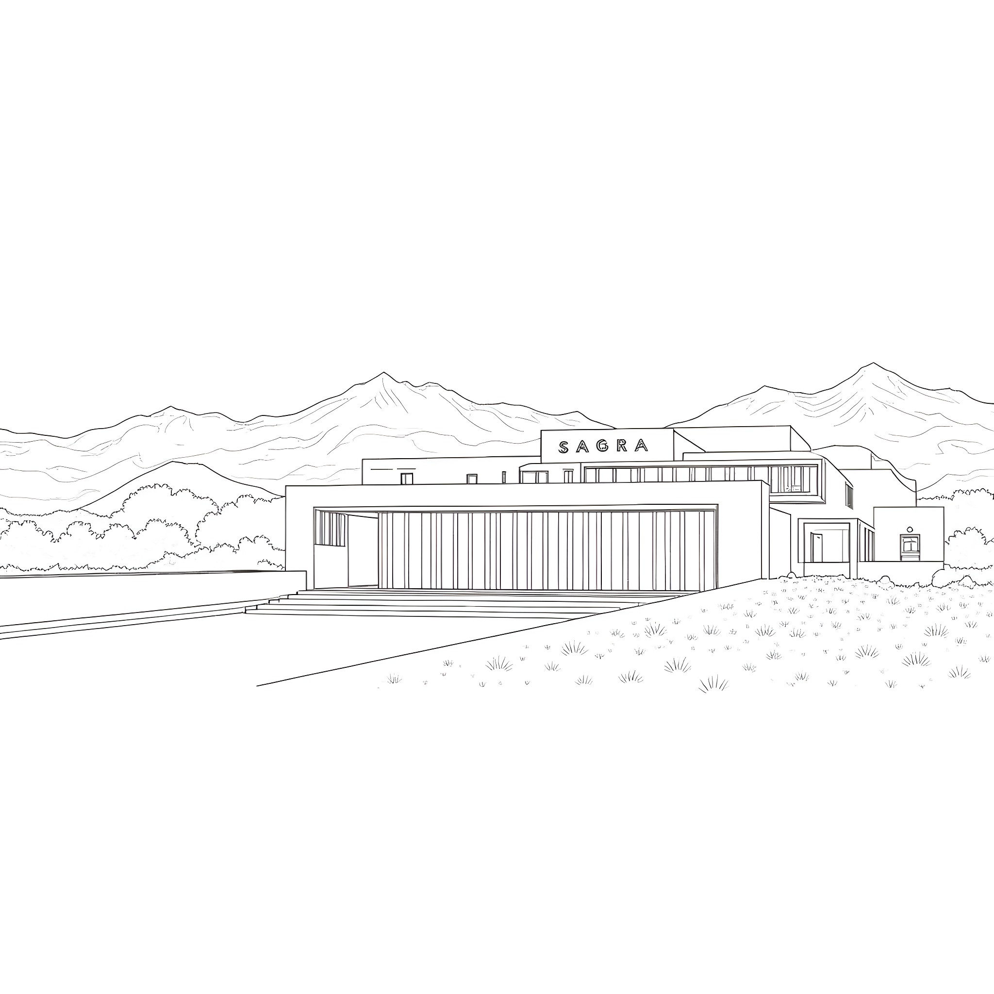 Opera House in the Mountainous Landscape Coloring Page (free black-and-white line drawing printable PDF for all, from beginners to advanced learners, including children, teens, adults, and seniors)