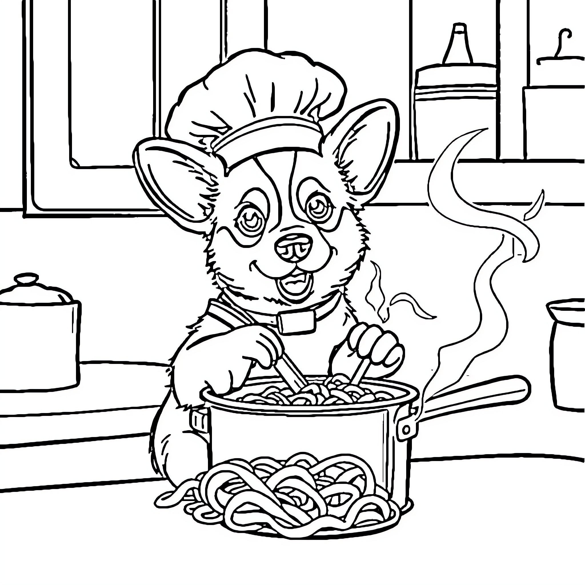 Corgi chef cooking pasta in the kitchen Coloring Page (free black-and-white line drawing printable PDF for all, from beginners to advanced learners, including children, teens, adults, and seniors)