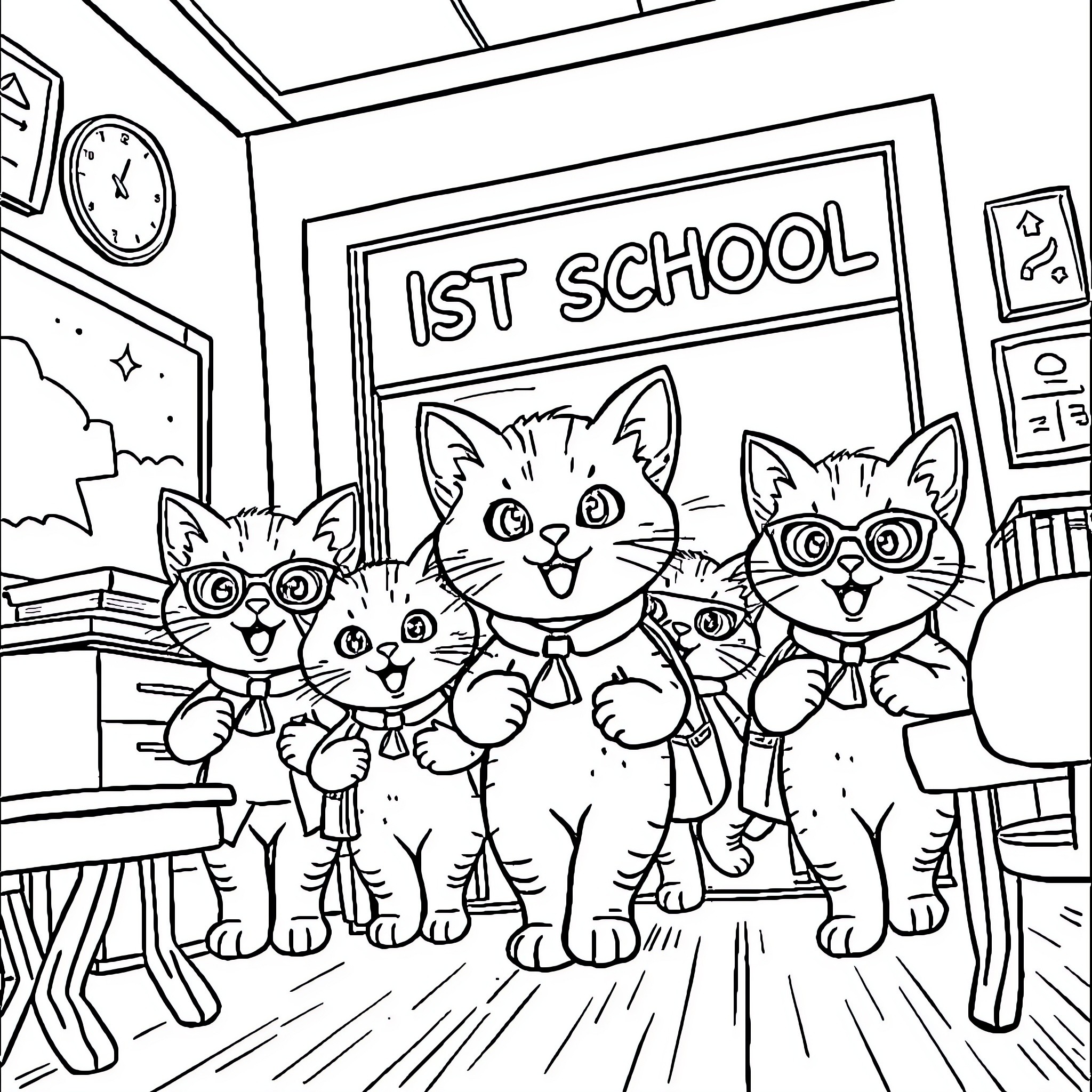 Kitty Cats Excited for First Day of School Coloring Page (free black-and-white line drawing printable PDF for all, from beginners to advanced learners, including children, teens, adults, and seniors)