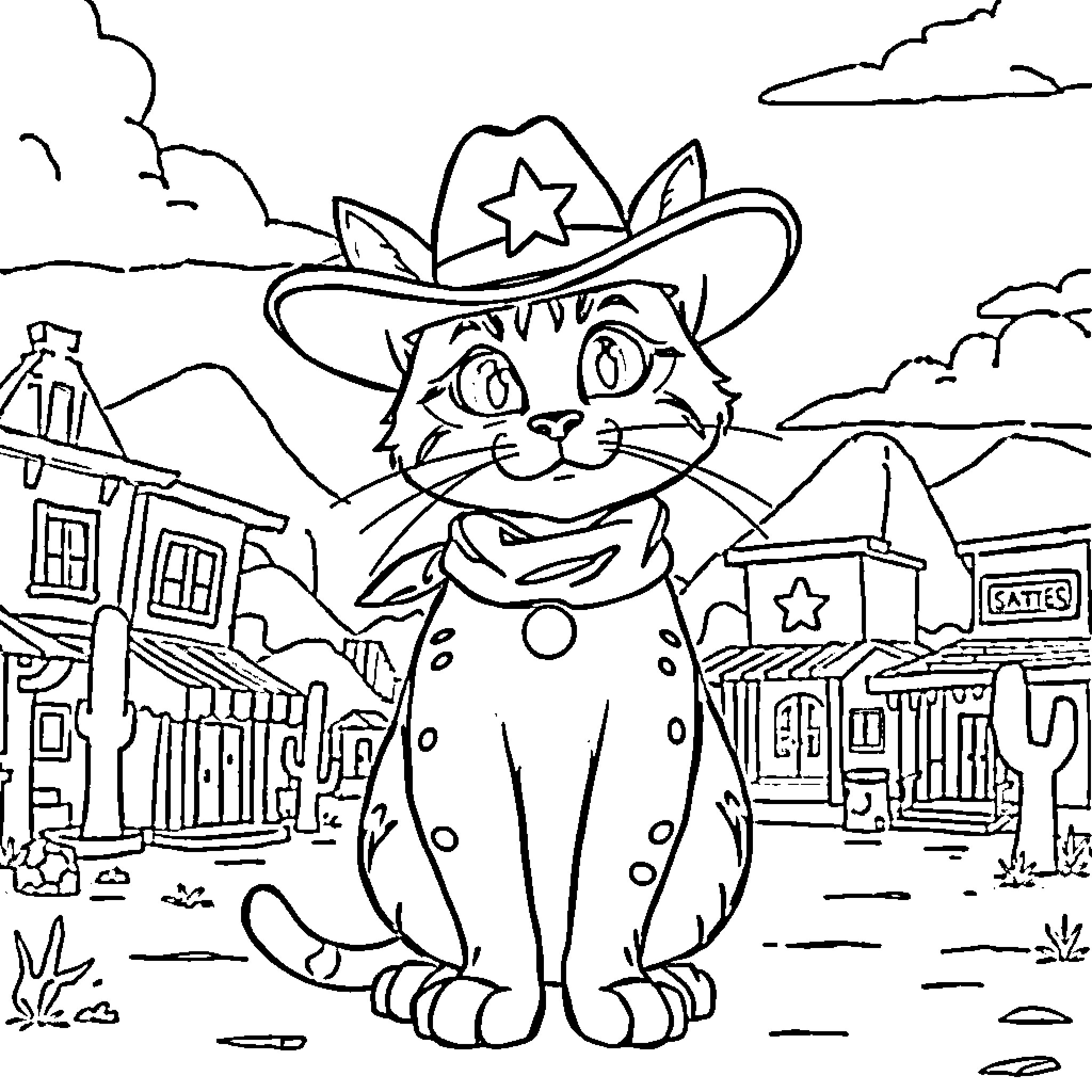 Sheriff Callie on Patrol in the Wild West Town Coloring Page (free black-and-white line drawing printable PDF for all, from beginners to advanced learners, including children, teens, adults, and seniors)