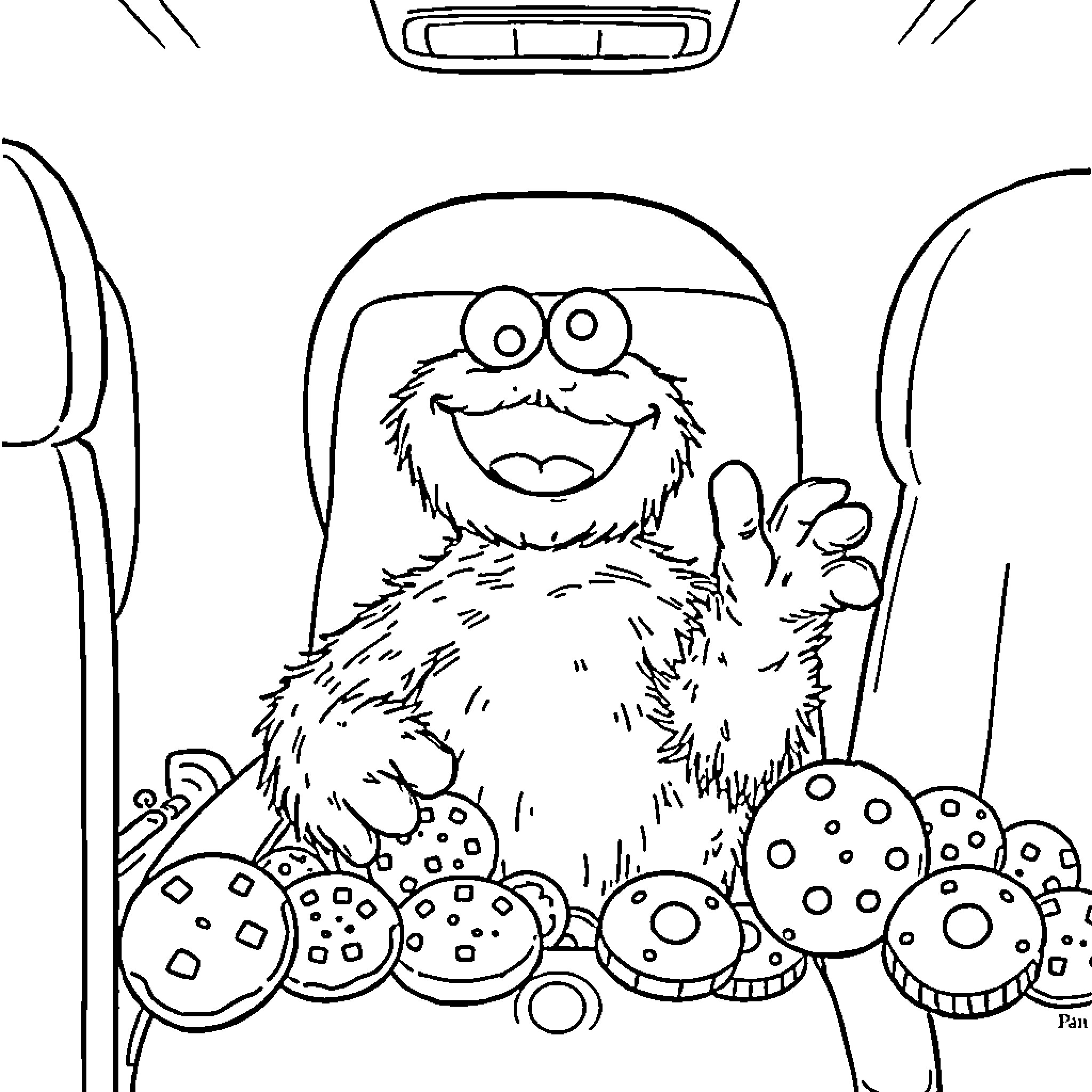 Cookie Monster enjoying a batch of cookies Coloring Page (free black-and-white line drawing printable PDF for all, from beginners to advanced learners, including children, teens, adults, and seniors)