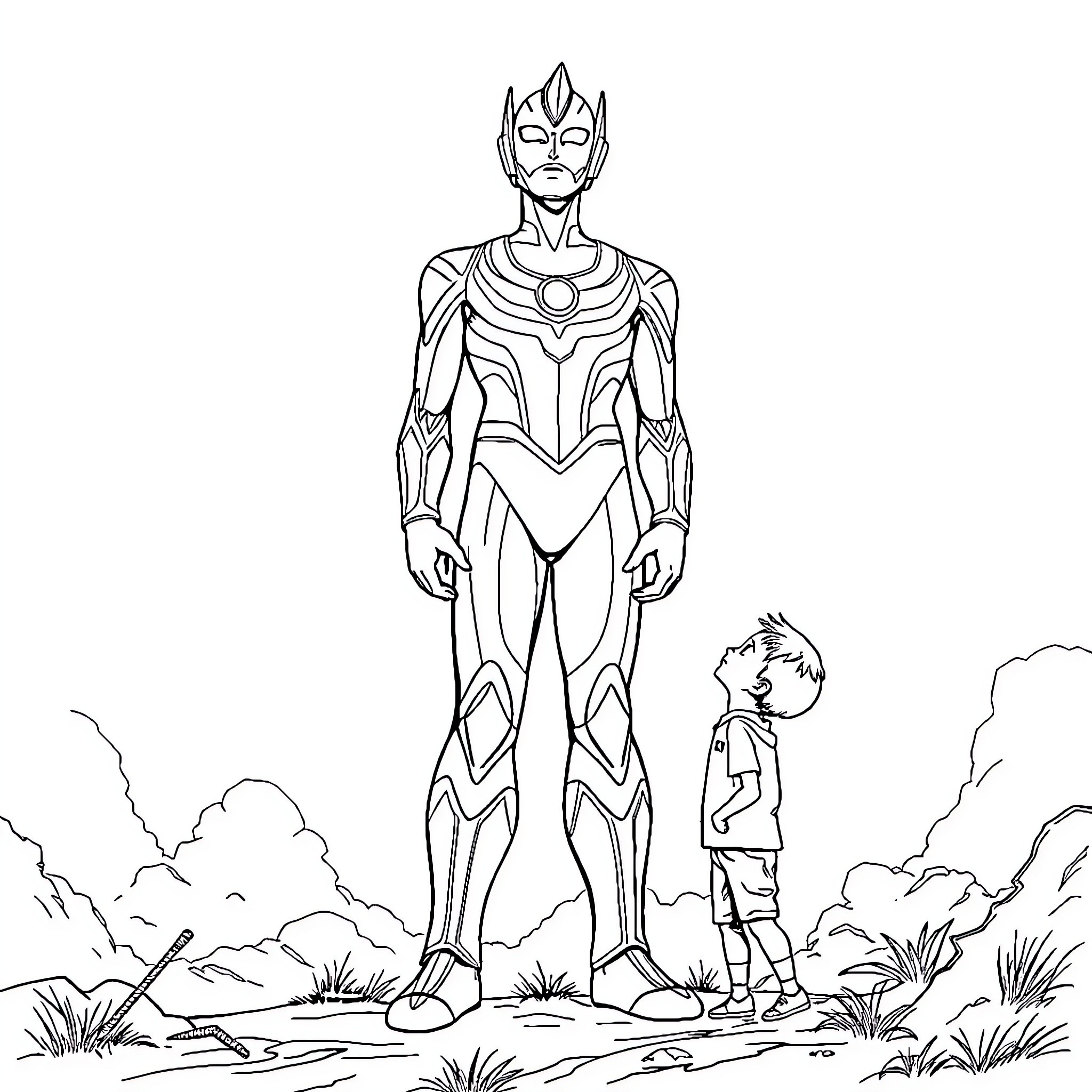 Ultraman heroically stands before a child in the wilderness Coloring Page (free black-and-white line drawing printable PDF for all, from beginners to advanced learners, including children, teens, adults, and seniors)