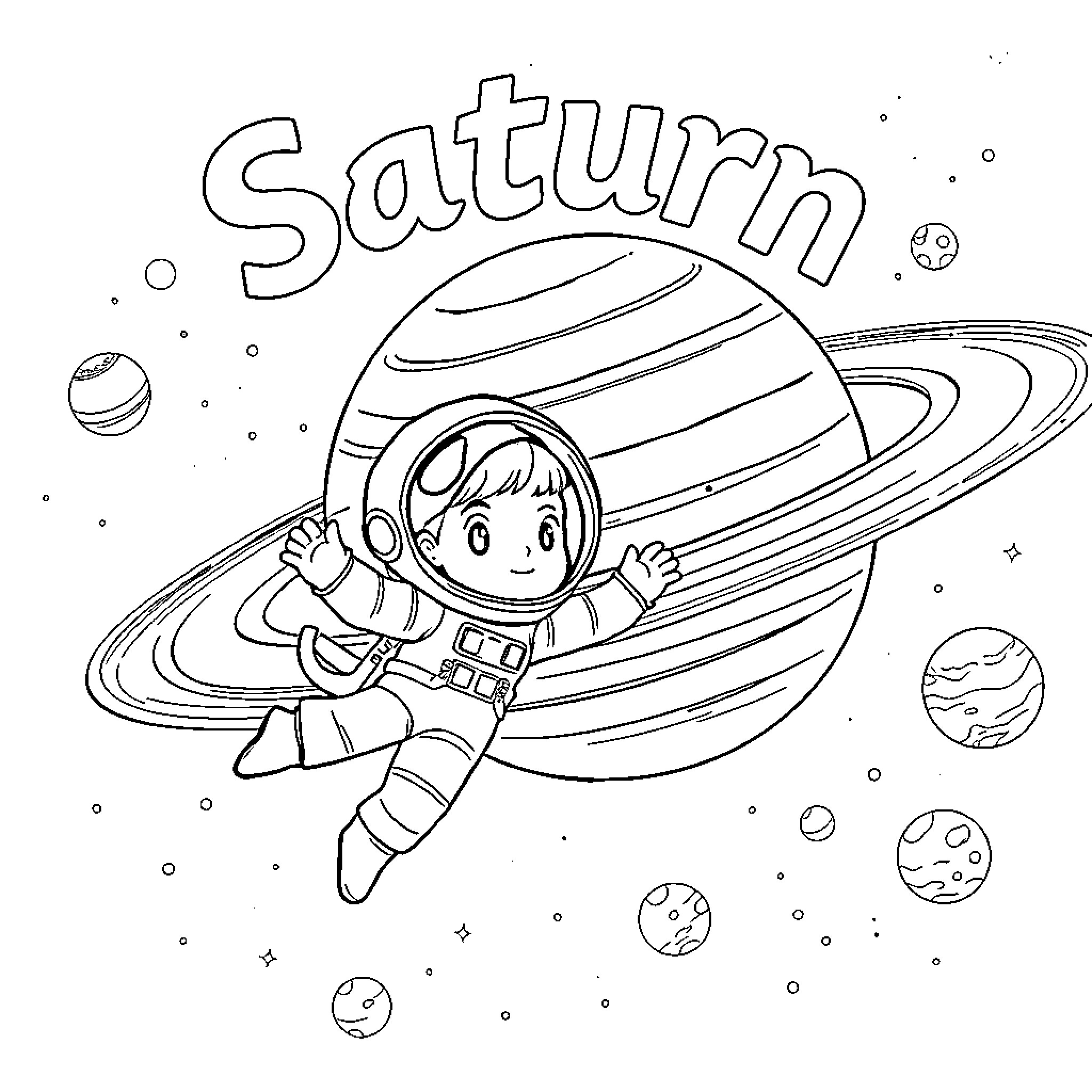Astronaut exploring the Saturn planet Coloring Page (free black-and-white line drawing printable PDF for all, from beginners to advanced learners, including children, teens, adults, and seniors)