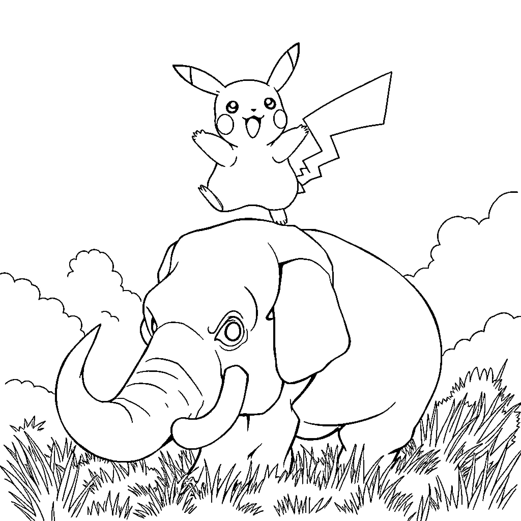 Pikachu riding happily on an elephant Coloring Page (free black-and-white line drawing printable PDF for all, from beginners to advanced learners, including children, teens, adults, and seniors)