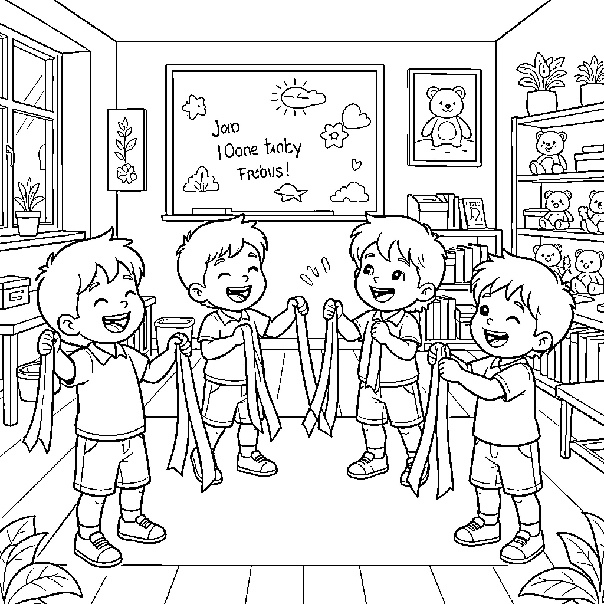 Niño group playing with long fabric strips together Coloring Page (free black-and-white line drawing printable PDF for all, from beginners to advanced learners, including children, teens, adults, and seniors)