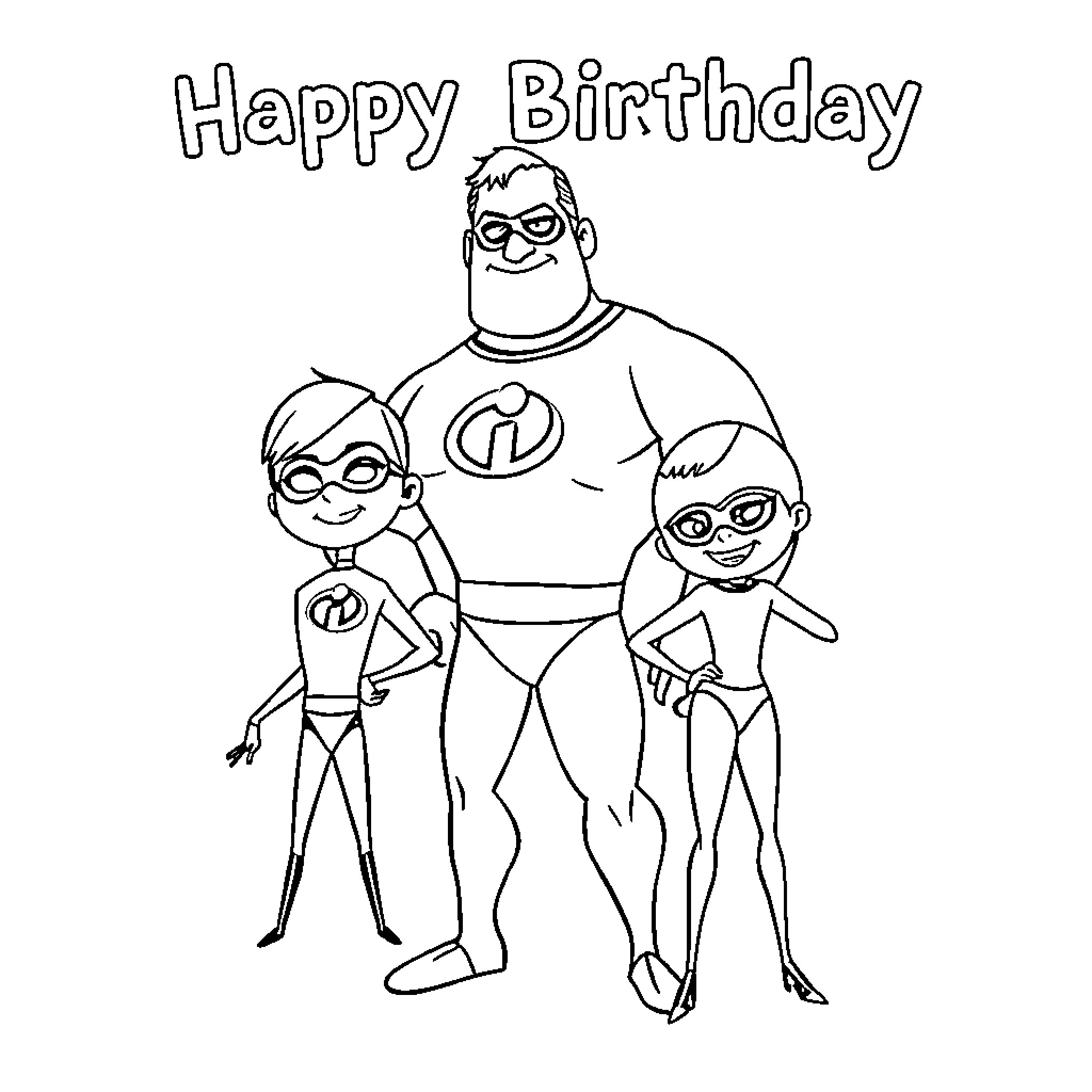 Incredibles family celebrating a birthday together Coloring Page (free black-and-white line drawing printable PDF for all, from beginners to advanced learners, including children, teens, adults, and seniors)