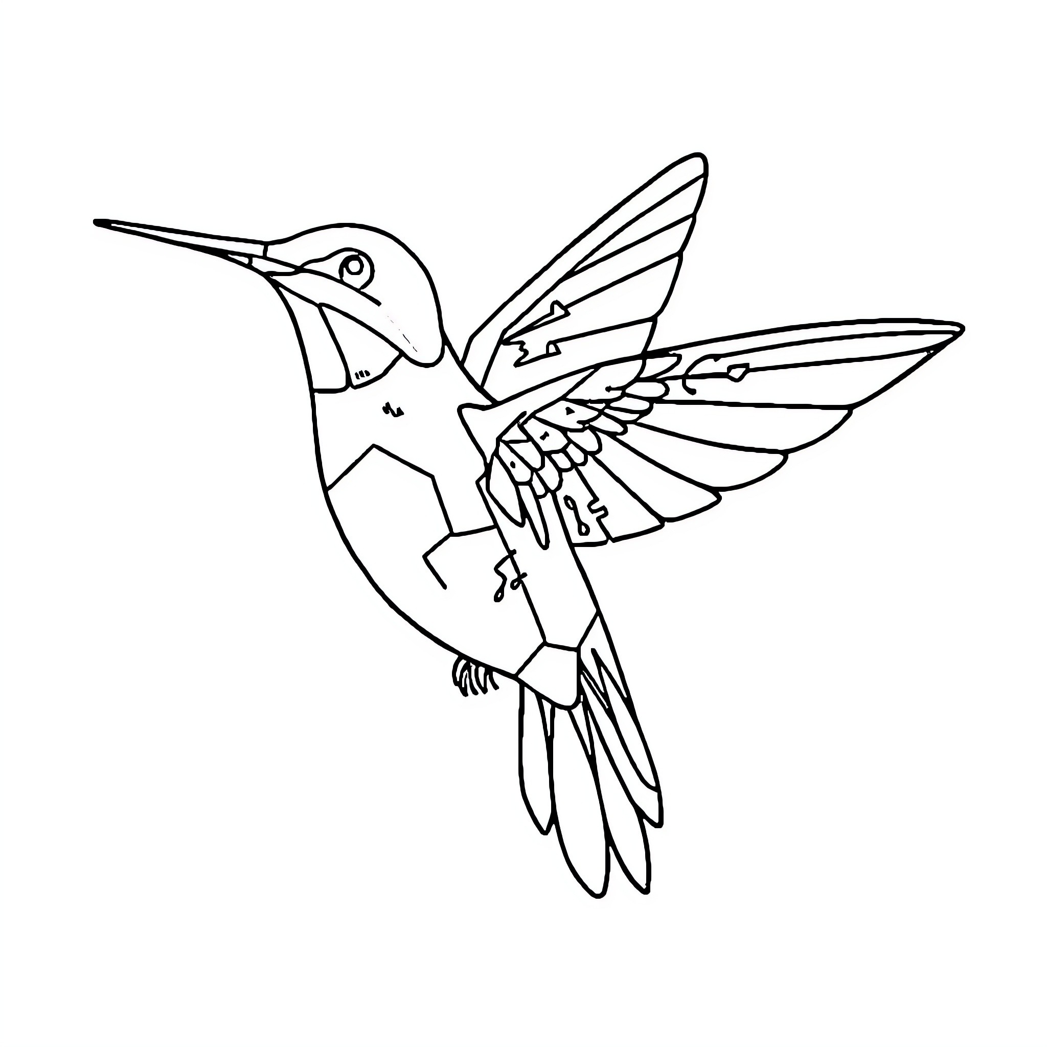 Hummingbird in flight with outstretched wings Coloring Page (free black-and-white line drawing printable PDF for all, from beginners to advanced learners, including children, teens, adults, and seniors)