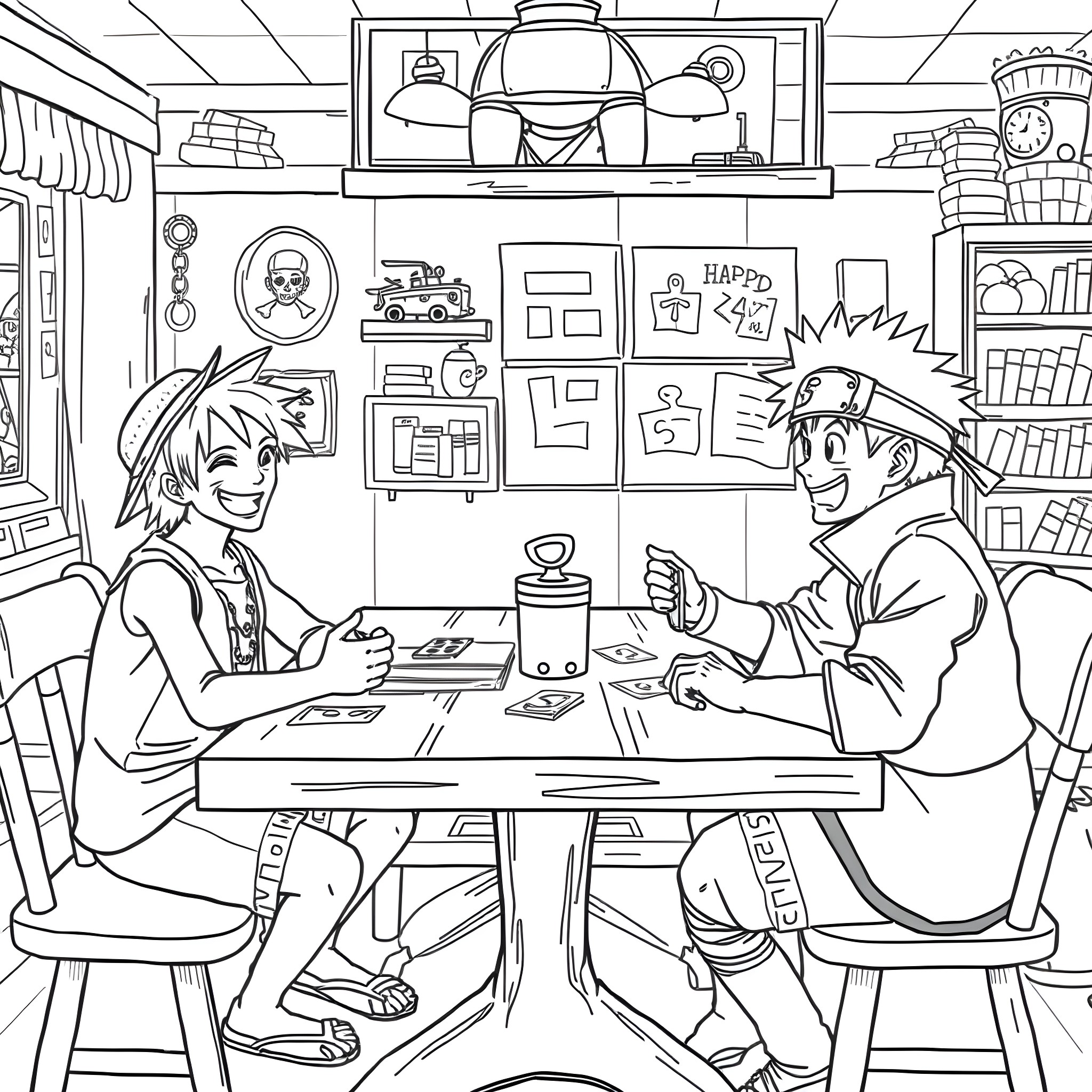 Luffy and Usopp enjoying a meal in their cozy hideout Coloring Page (free black-and-white line drawing printable PDF for all, from beginners to advanced learners, including children, teens, adults, and seniors)