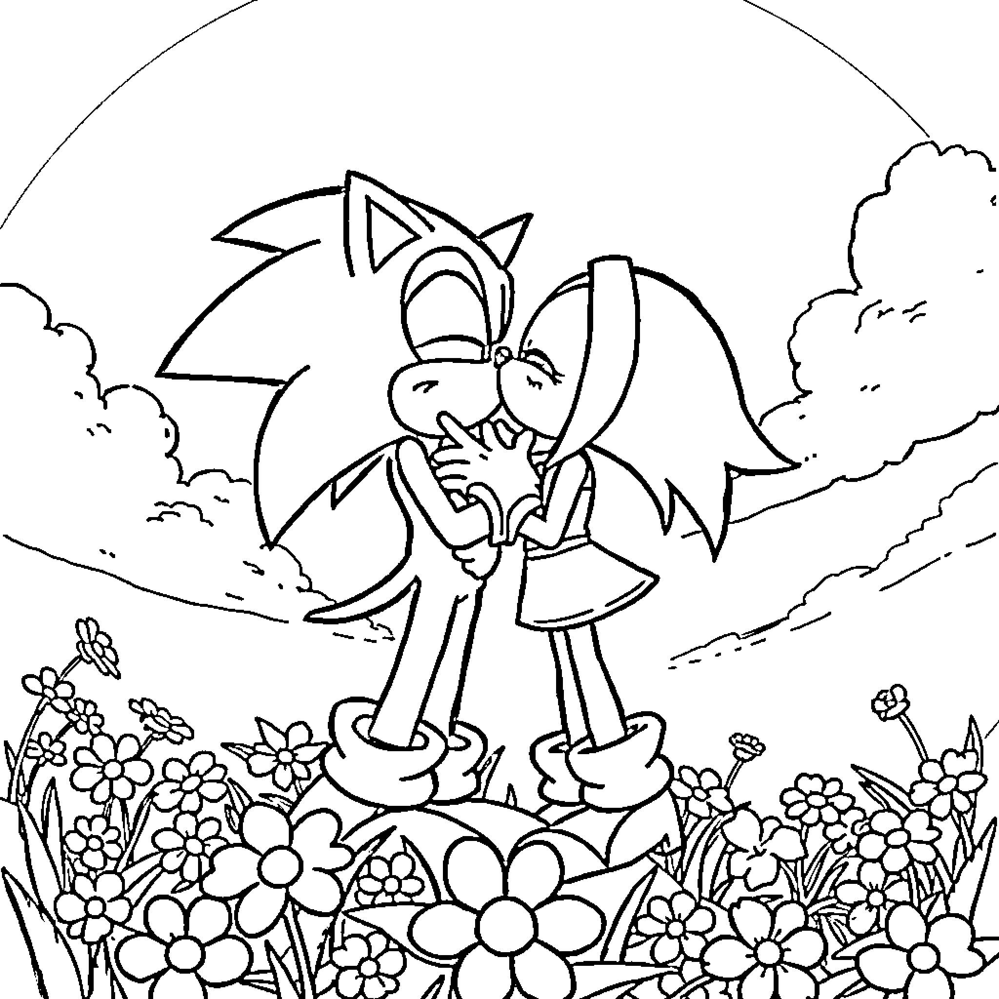 Sonic adventuring through a flower-filled landscape Coloring Page (free black-and-white line drawing printable PDF for all, from beginners to advanced learners, including children, teens, adults, and seniors)
