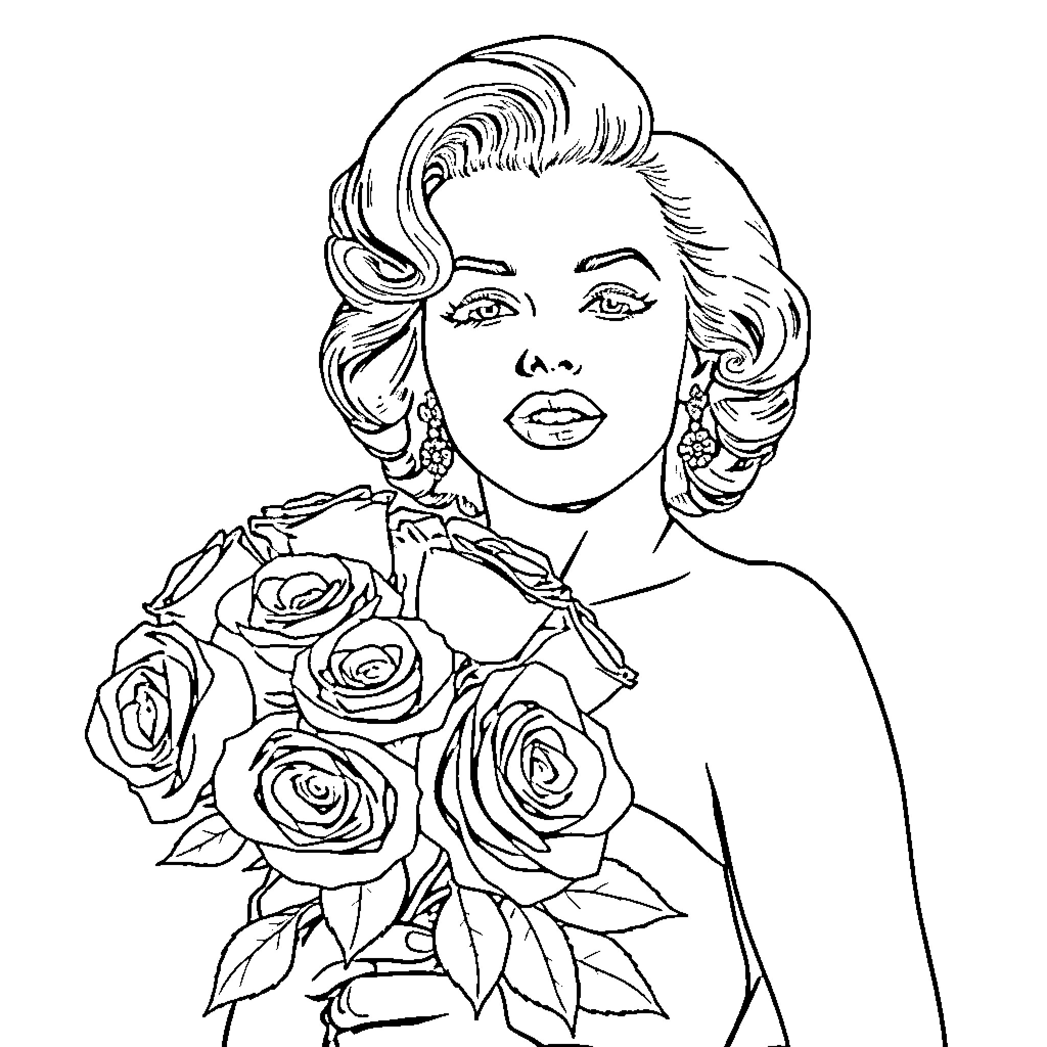 Marilyn Monroe holding a bouquet of roses Coloring Page (free black-and-white line drawing printable PDF for all, from beginners to advanced learners, including children, teens, adults, and seniors)
