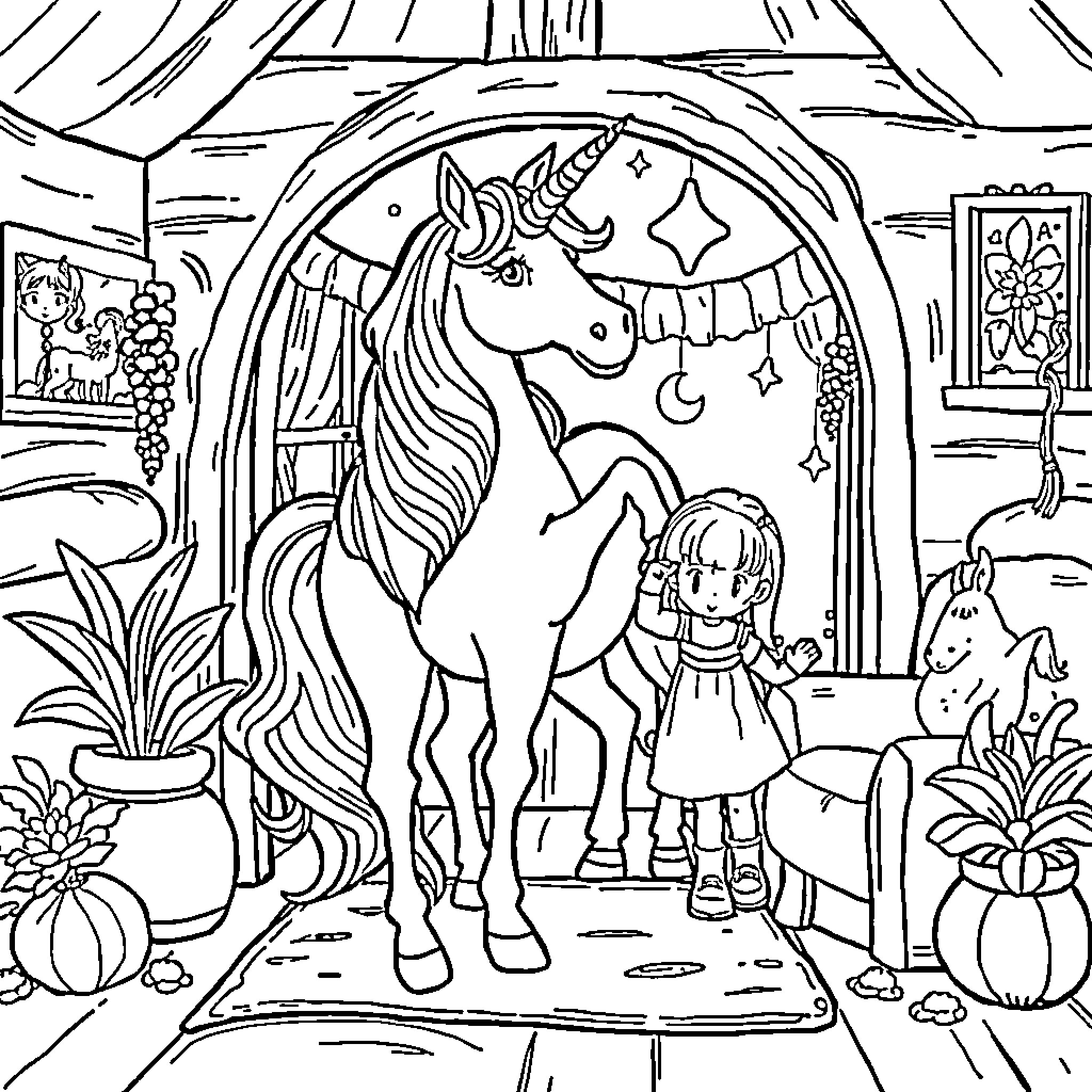 Unicorn and young girl interact in enchanting room Coloring Page (free black-and-white line drawing printable PDF for all, from beginners to advanced learners, including children, teens, adults, and seniors)