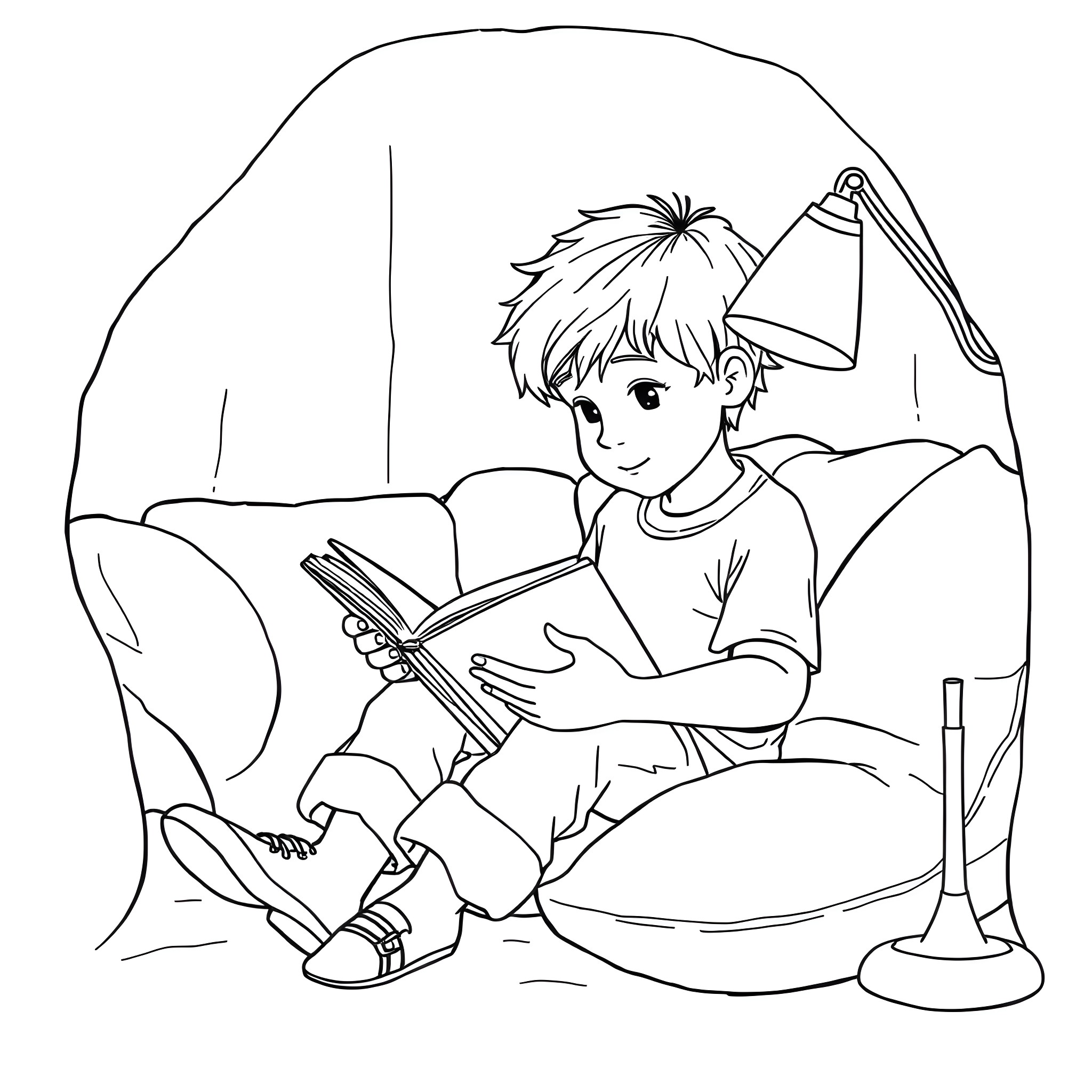 Child reading a book in a cozy tent Coloring Page (free black-and-white line drawing printable PDF for all, from beginners to advanced learners, including children, teens, adults, and seniors)