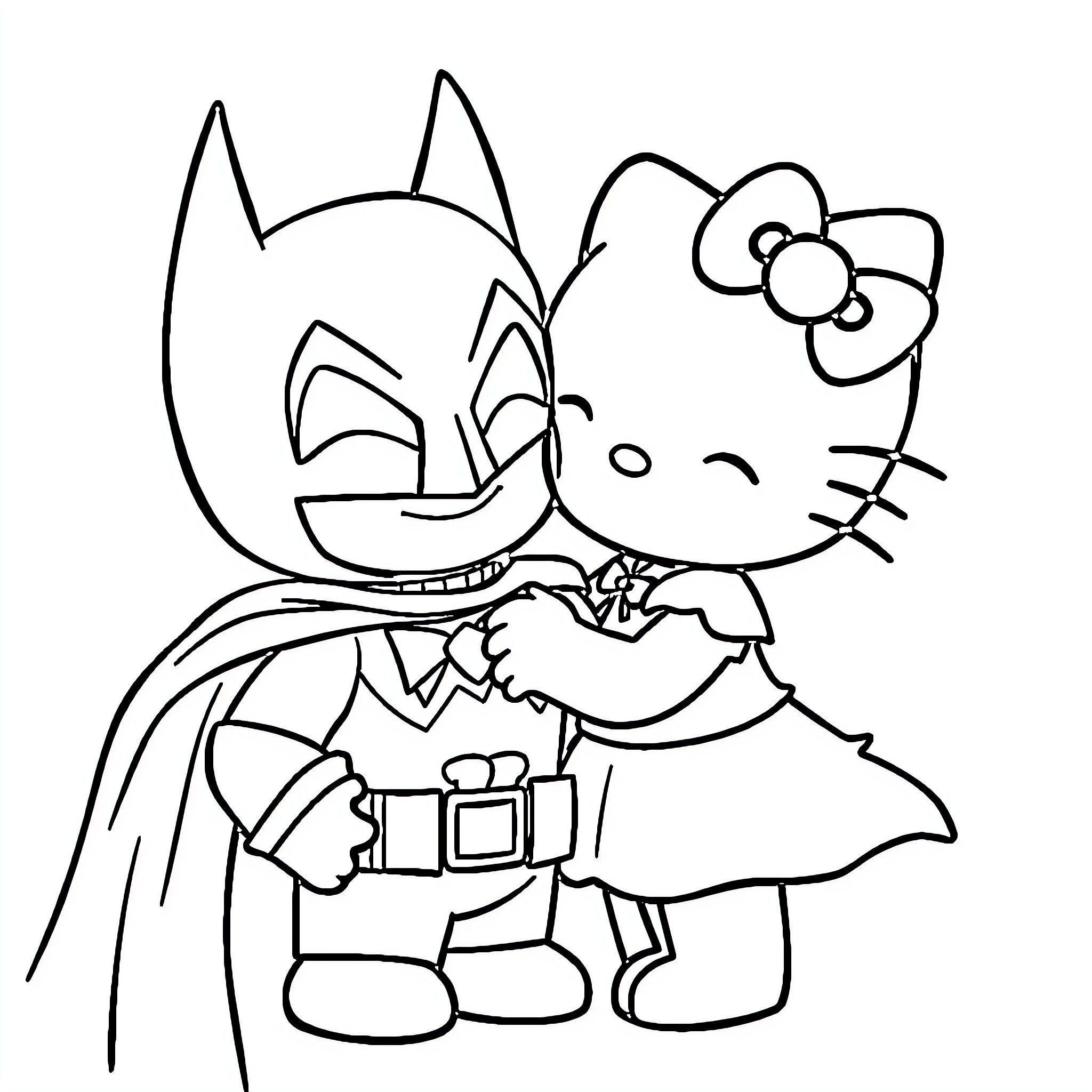 Hello Kitty as Batman meets Superheroine Coloring Page (free black-and-white line drawing printable PDF for all, from beginners to advanced learners, including children, teens, adults, and seniors)