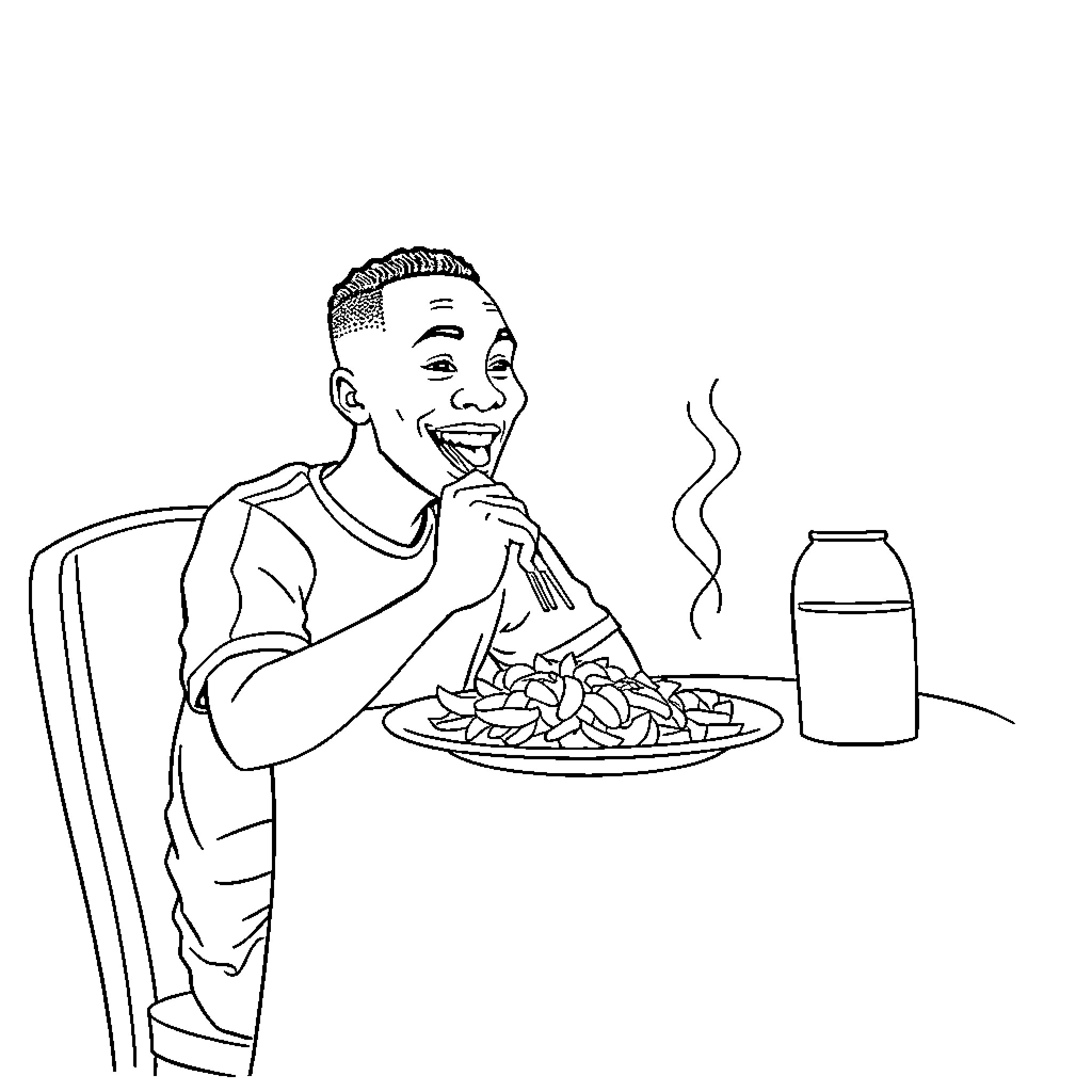 Mbappe Enjoying a Hearty Meal Coloring Page (free black-and-white line drawing printable PDF for all, from beginners to advanced learners, including children, teens, adults, and seniors)