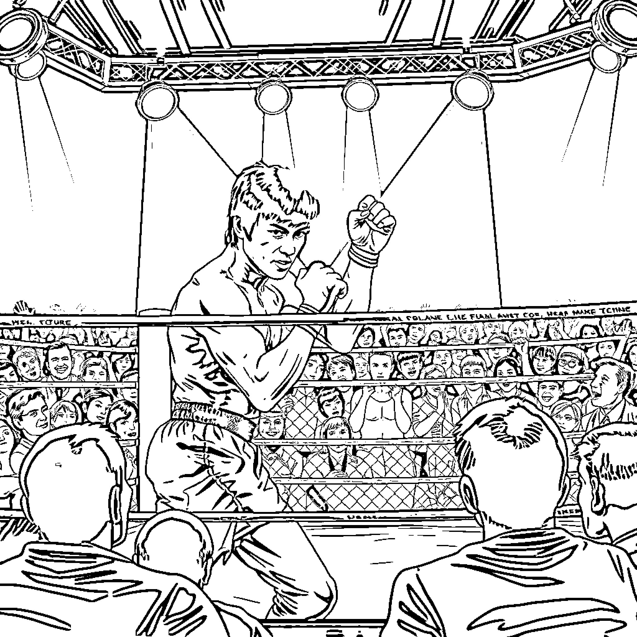 Bruce Lee boxing match in the ring Coloring Page (free black-and-white line drawing printable PDF for all, from beginners to advanced learners, including children, teens, adults, and seniors)