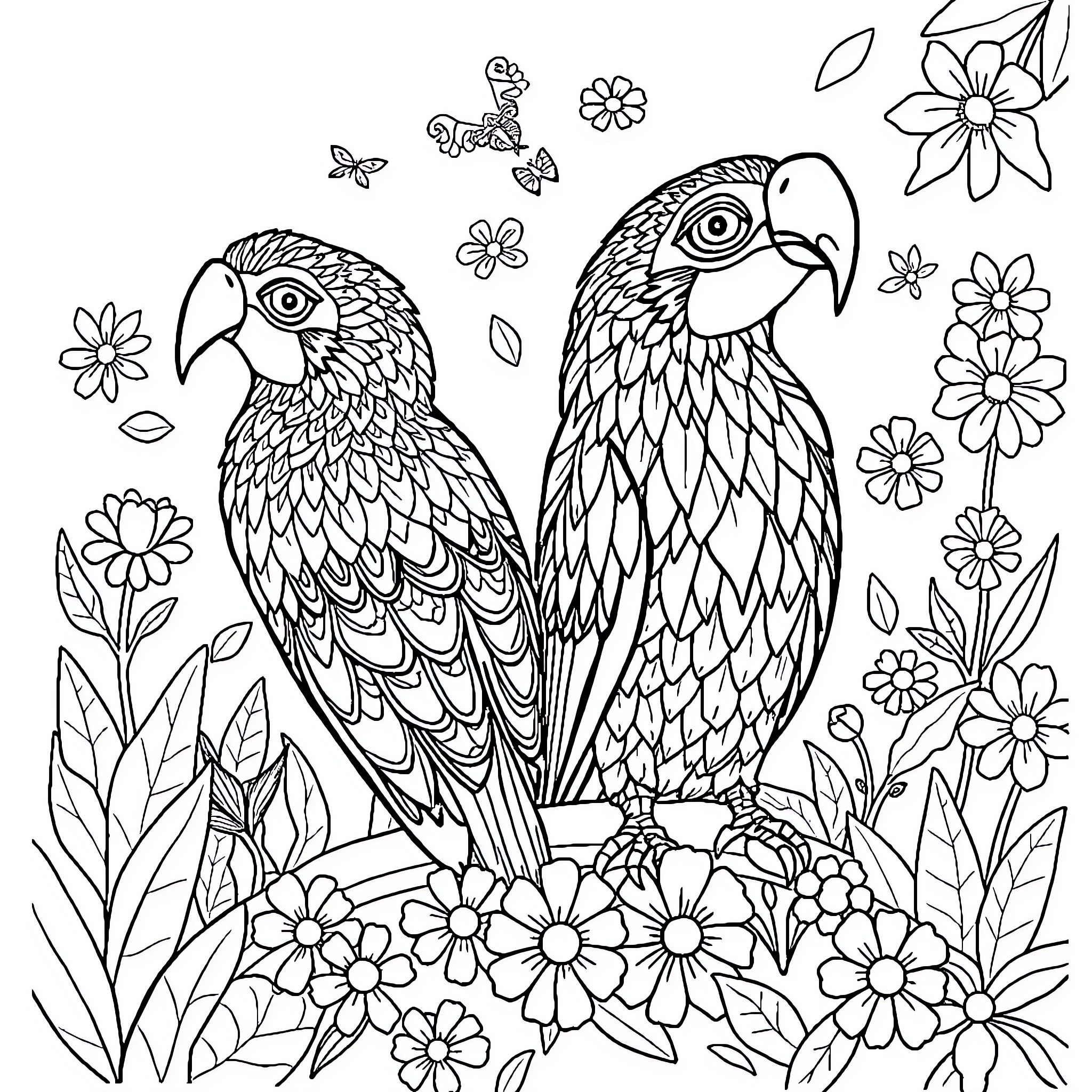 Tinga Tinga Parrots Surrounded by Flowers Coloring Page (free black-and-white line drawing printable PDF for all, from beginners to advanced learners, including children, teens, adults, and seniors)
