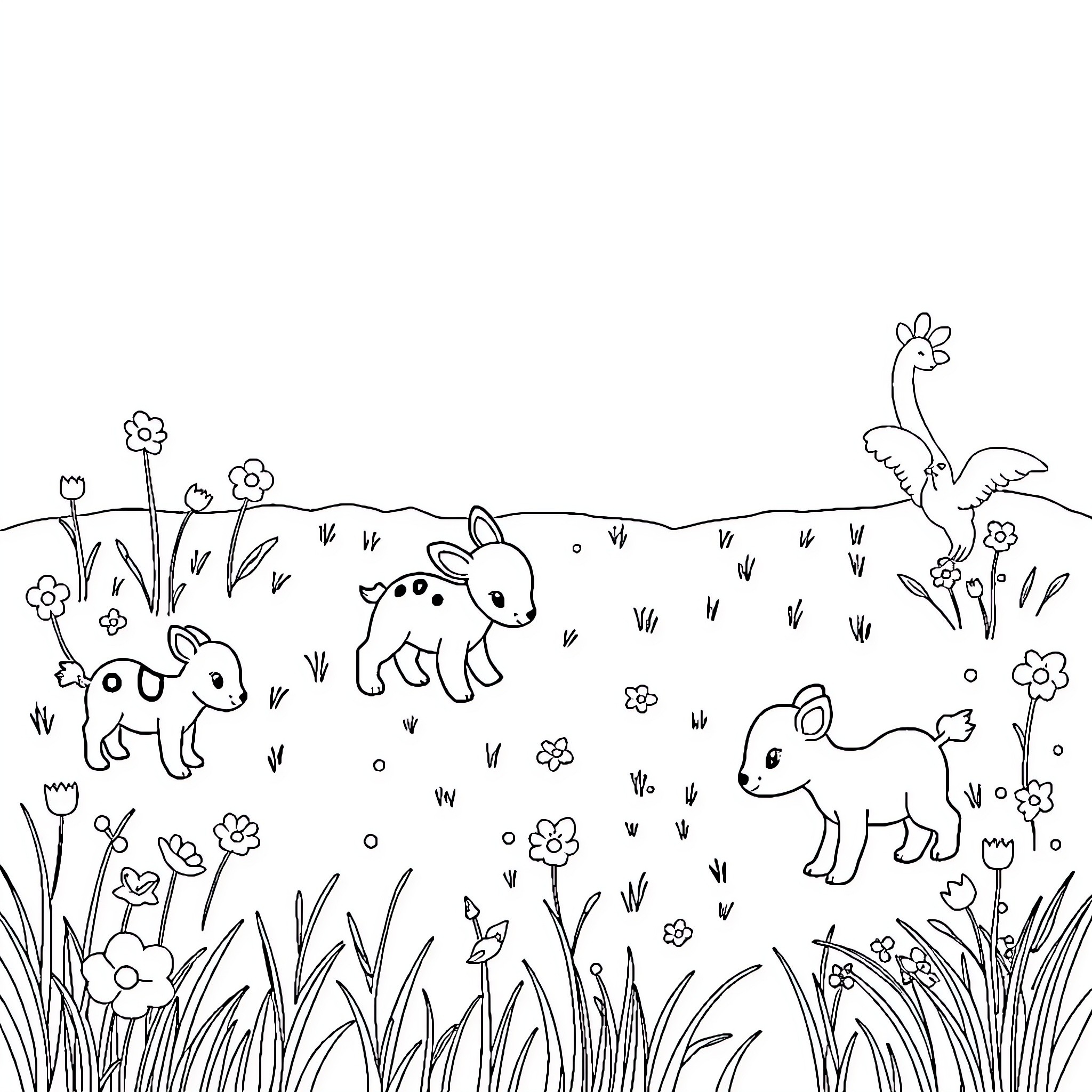 Baby Animals Playing in Meadow with Flowers Coloring Page (free black-and-white line drawing printable PDF for all, from beginners to advanced learners, including children, teens, adults, and seniors)
