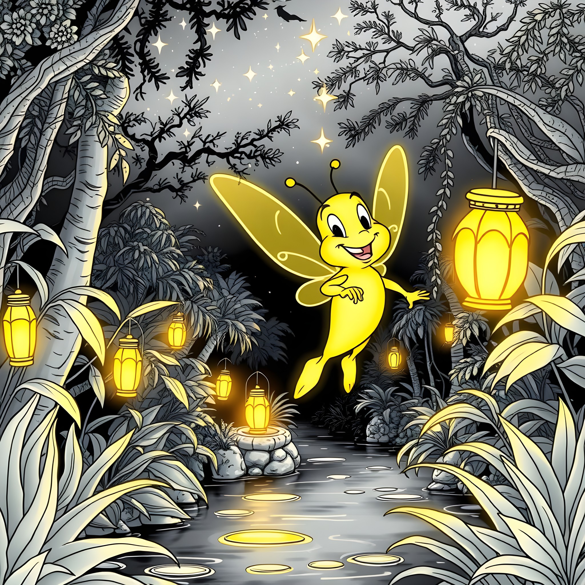 Ray the Jolly Firefly Lights Up the Enchanted Forest Coloring Page (free black-and-white line drawing printable PDF for all, from beginners to advanced learners, including children, teens, adults, and seniors)
