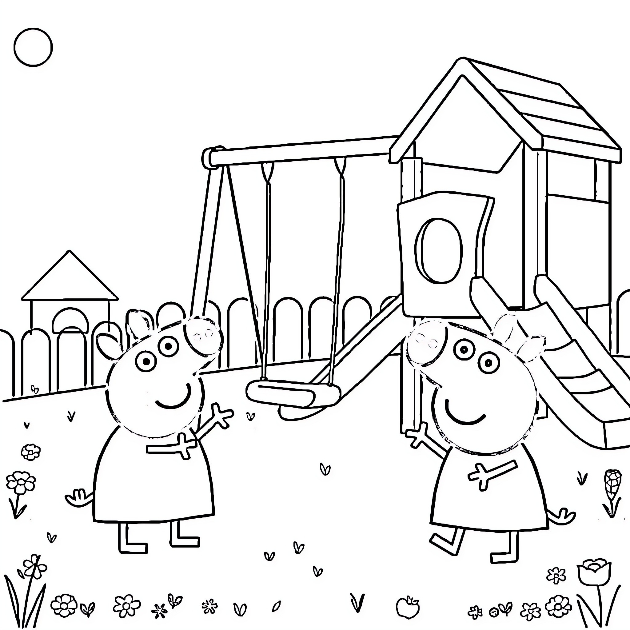 Peppa Pig and friends playing on the playground Coloring Page (free black-and-white line drawing printable PDF for all, from beginners to advanced learners, including children, teens, adults, and seniors)