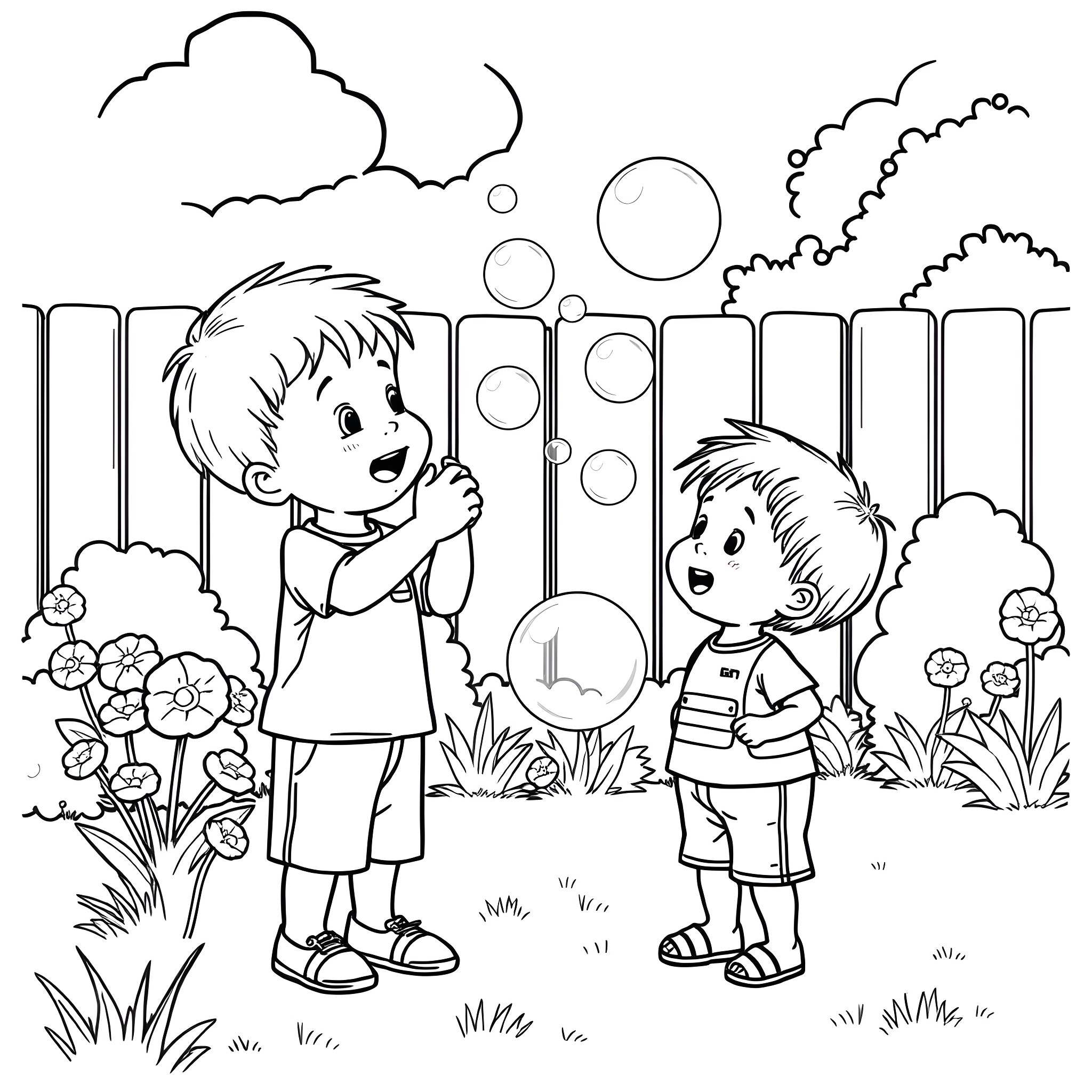 Boy playing with bubbles in the garden Coloring Page (free black-and-white line drawing printable PDF for all, from beginners to advanced learners, including children, teens, adults, and seniors)