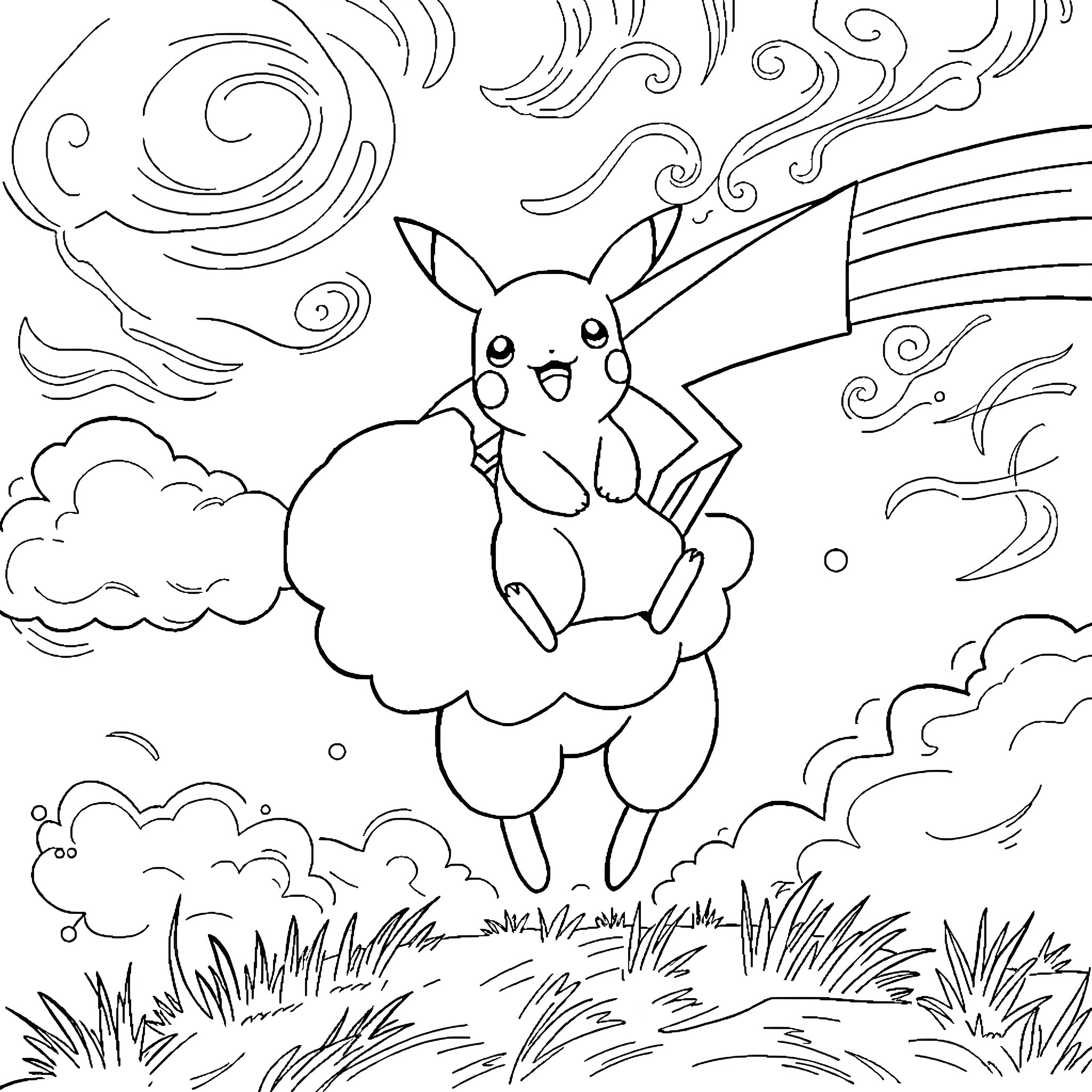 Pikachu enjoying a peaceful day in the clouds Coloring Page (free black-and-white line drawing printable PDF for all, from beginners to advanced learners, including children, teens, adults, and seniors)