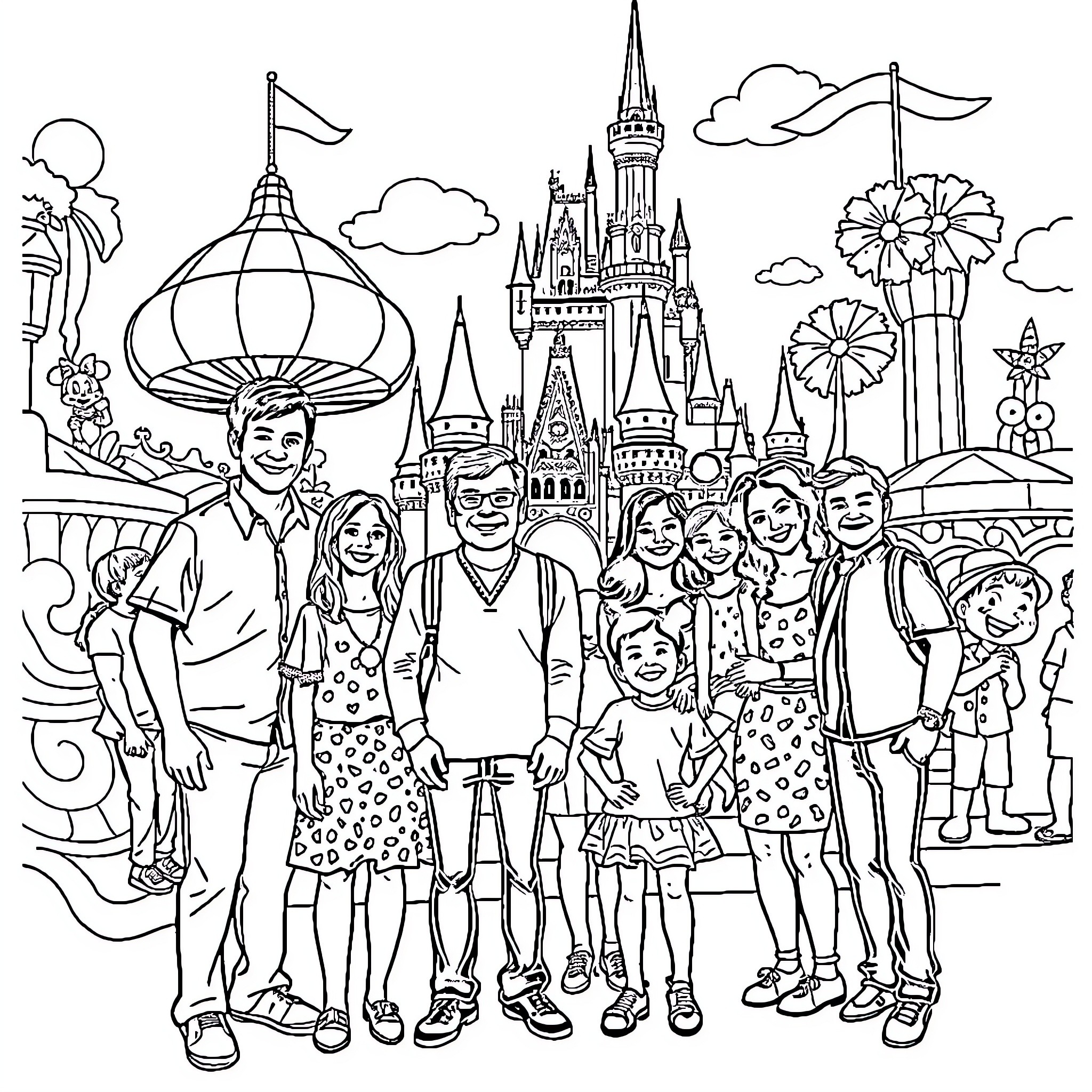 Full House Family's Adventure at Fantasy Castle Coloring Page (free black-and-white line drawing printable PDF for all, from beginners to advanced learners, including children, teens, adults, and seniors)