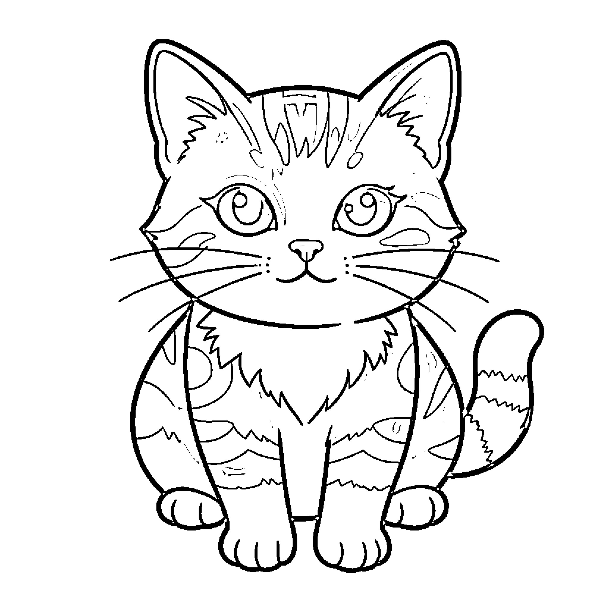 Kitten sitting curiously with big eyes Coloring Page (free black-and-white line drawing printable PDF for all, from beginners to advanced learners, including children, teens, adults, and seniors)
