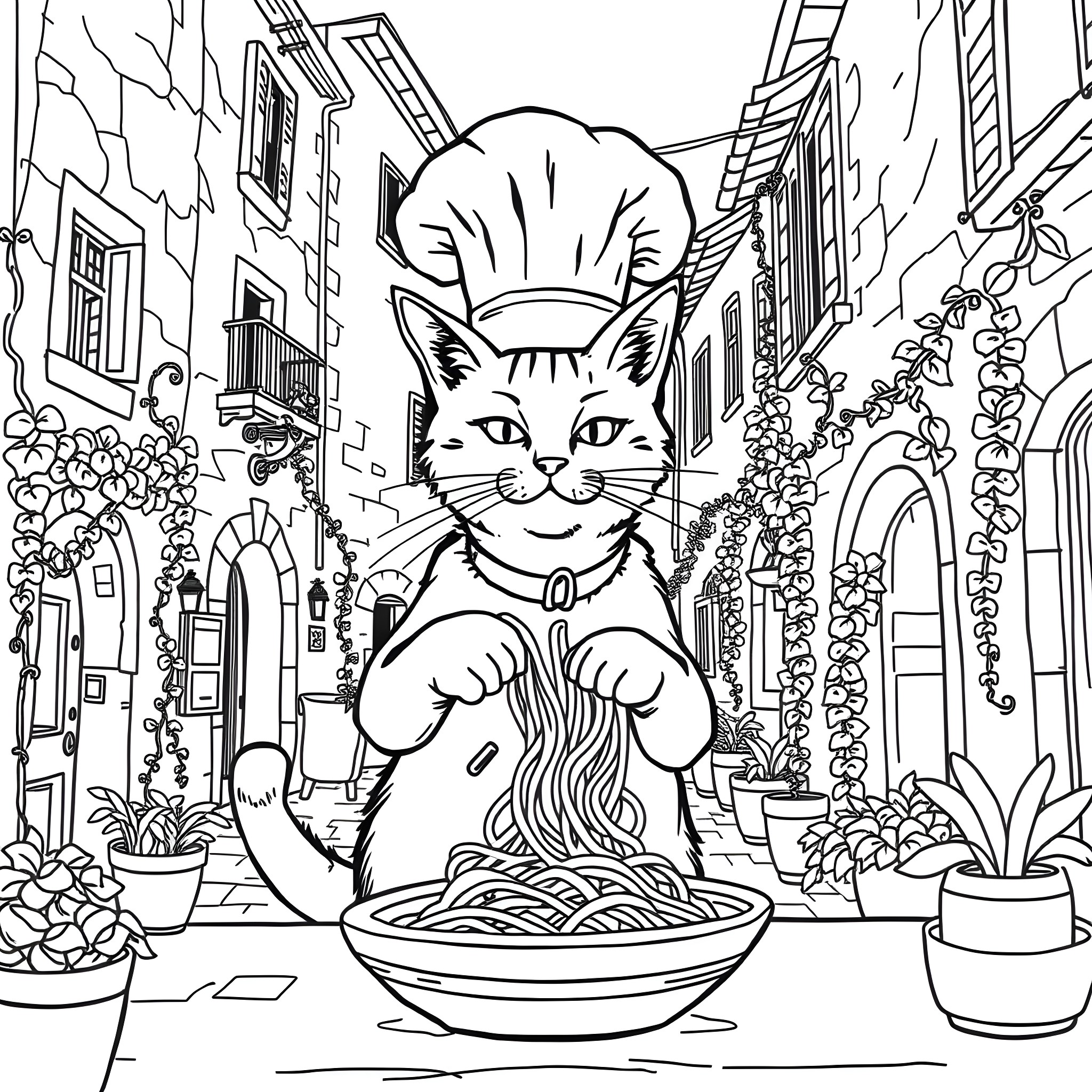 Cat Chef Cooking Pasta in a Charming Street Scene Coloring Page (free black-and-white line drawing printable PDF for all, from beginners to advanced learners, including children, teens, adults, and seniors)