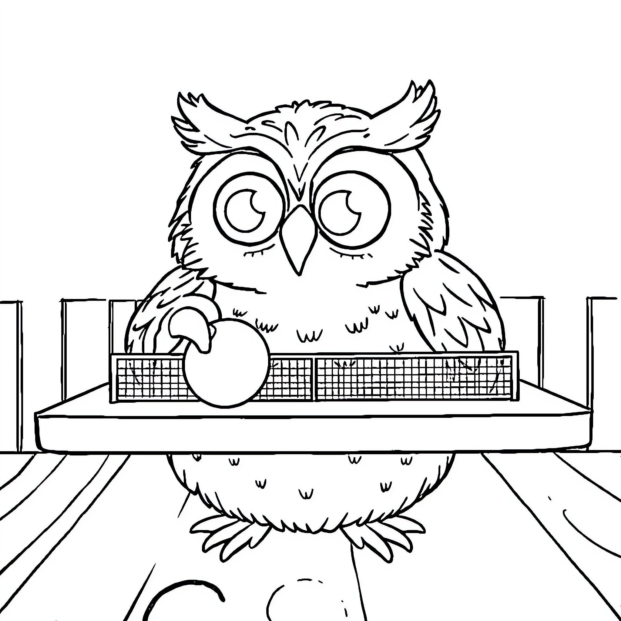 Owl playing volleyball on court Coloring Page (free black-and-white line drawing printable PDF for all, from beginners to advanced learners, including children, teens, adults, and seniors)