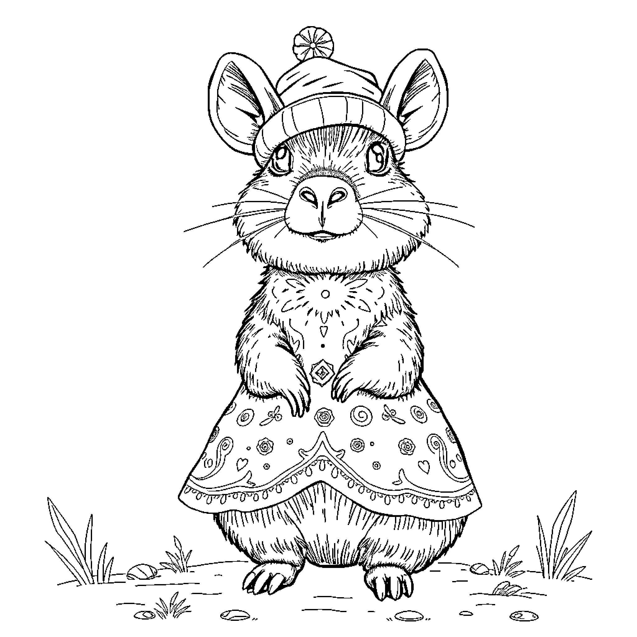 Capybara in festive winter attire Coloring Page (free black-and-white line drawing printable PDF for all, from beginners to advanced learners, including children, teens, adults, and seniors)