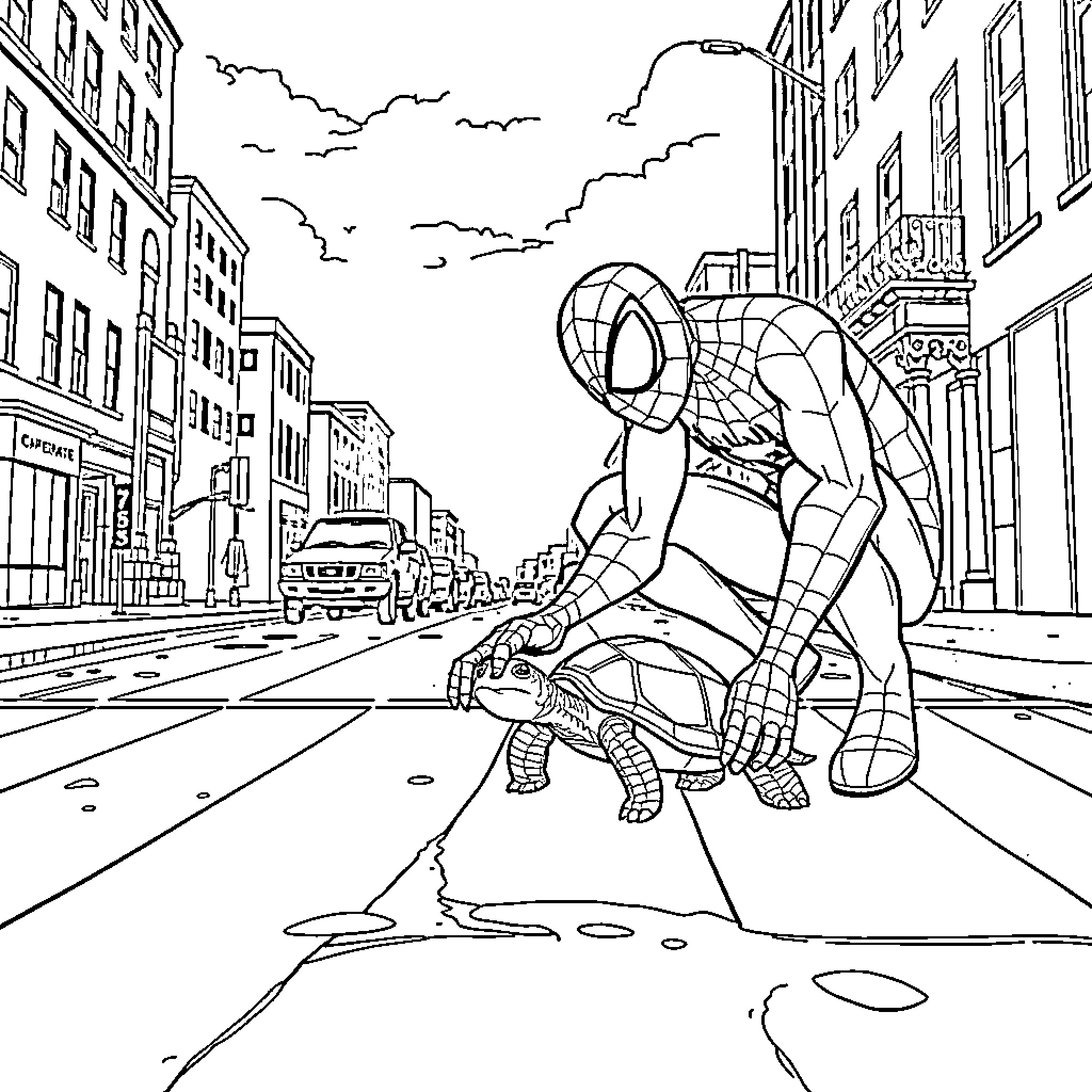 Spidey Heroically Rescues Civilian on City Street Coloring Page (free black-and-white line drawing printable PDF for all, from beginners to advanced learners, including children, teens, adults, and seniors)
