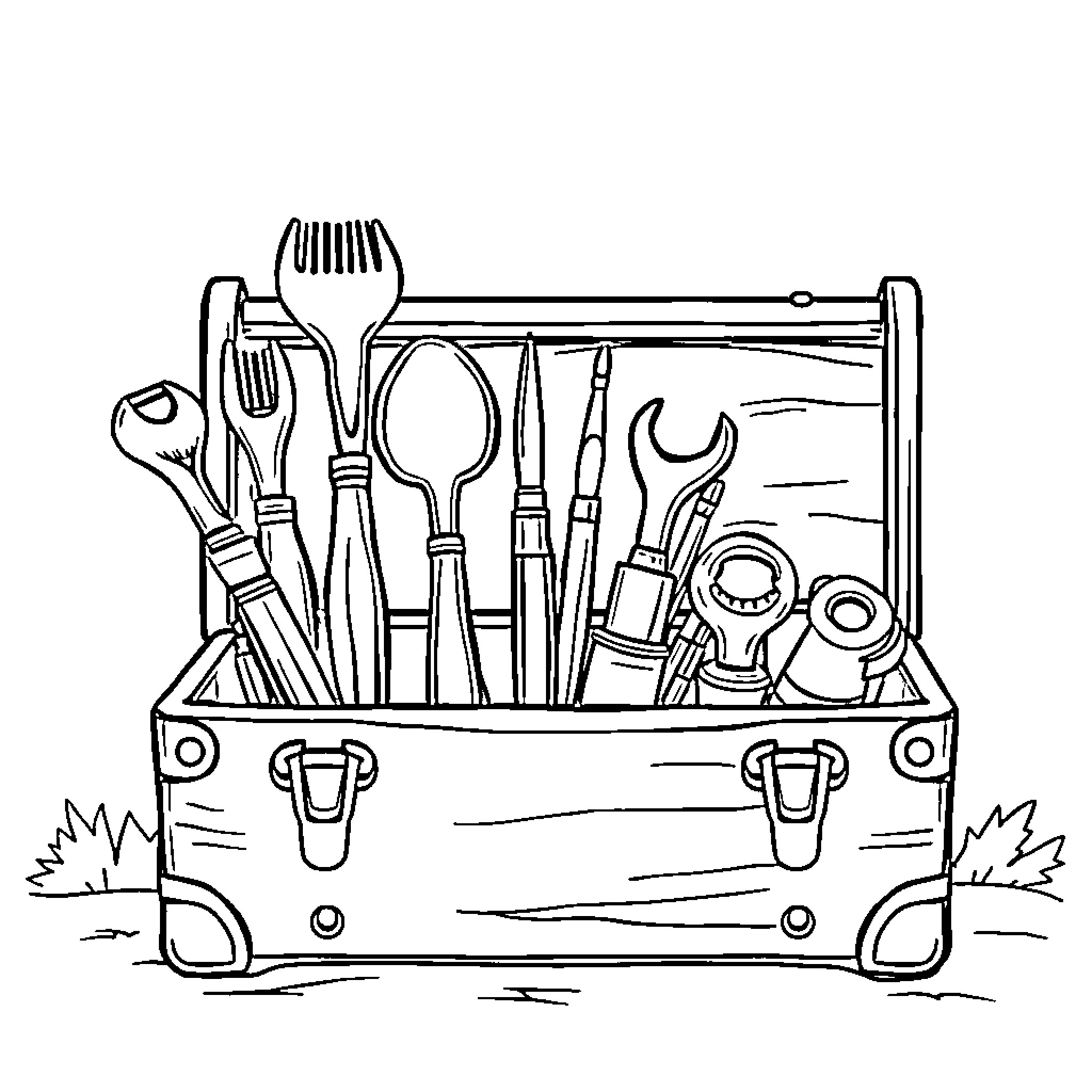 Tool Chest Filled with Assorted Hardware Coloring Page (free black-and-white line drawing printable PDF for all, from beginners to advanced learners, including children, teens, adults, and seniors)