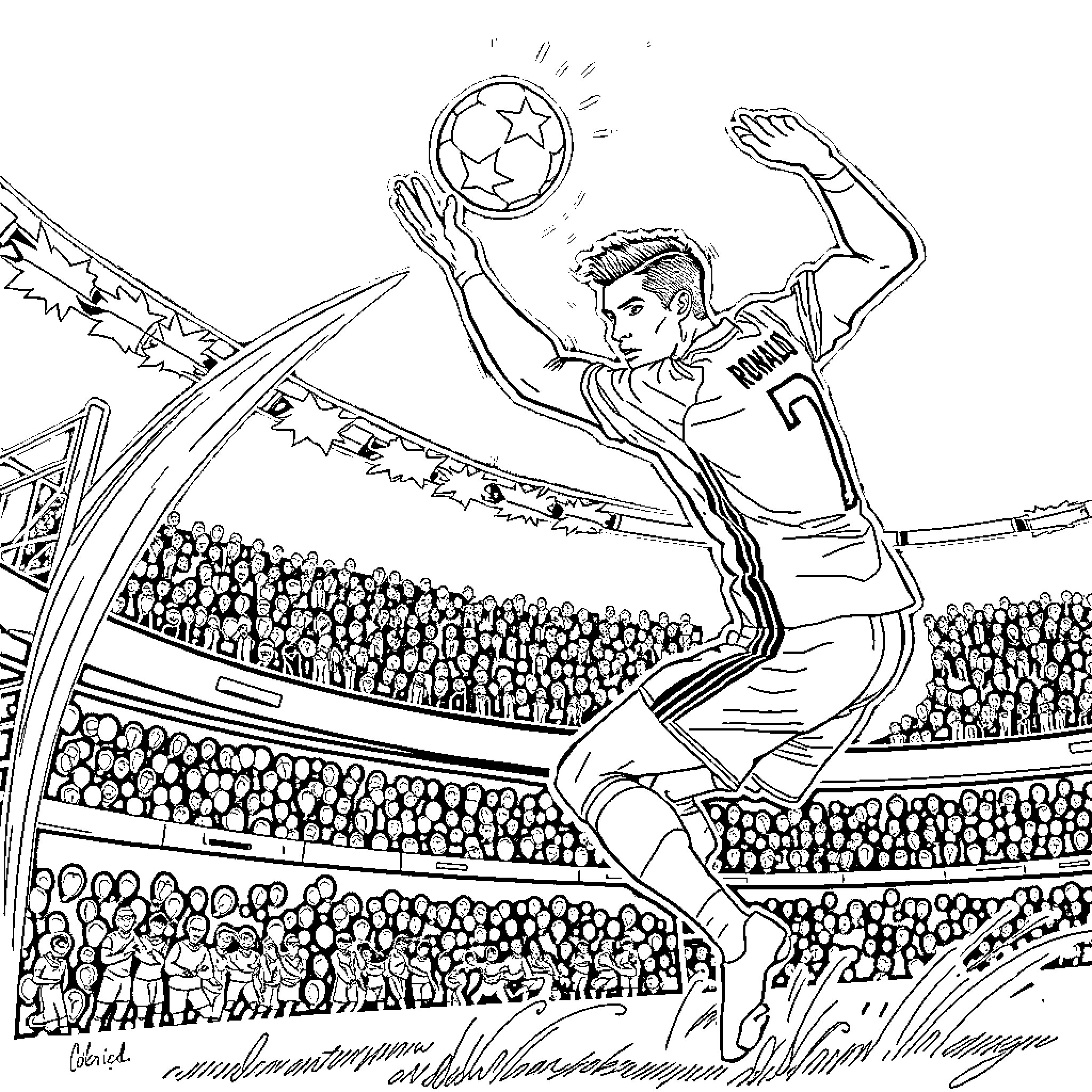 Cristiano Ronaldo in action on the soccer field Coloring Page (free black-and-white line drawing printable PDF for all, from beginners to advanced learners, including children, teens, adults, and seniors)