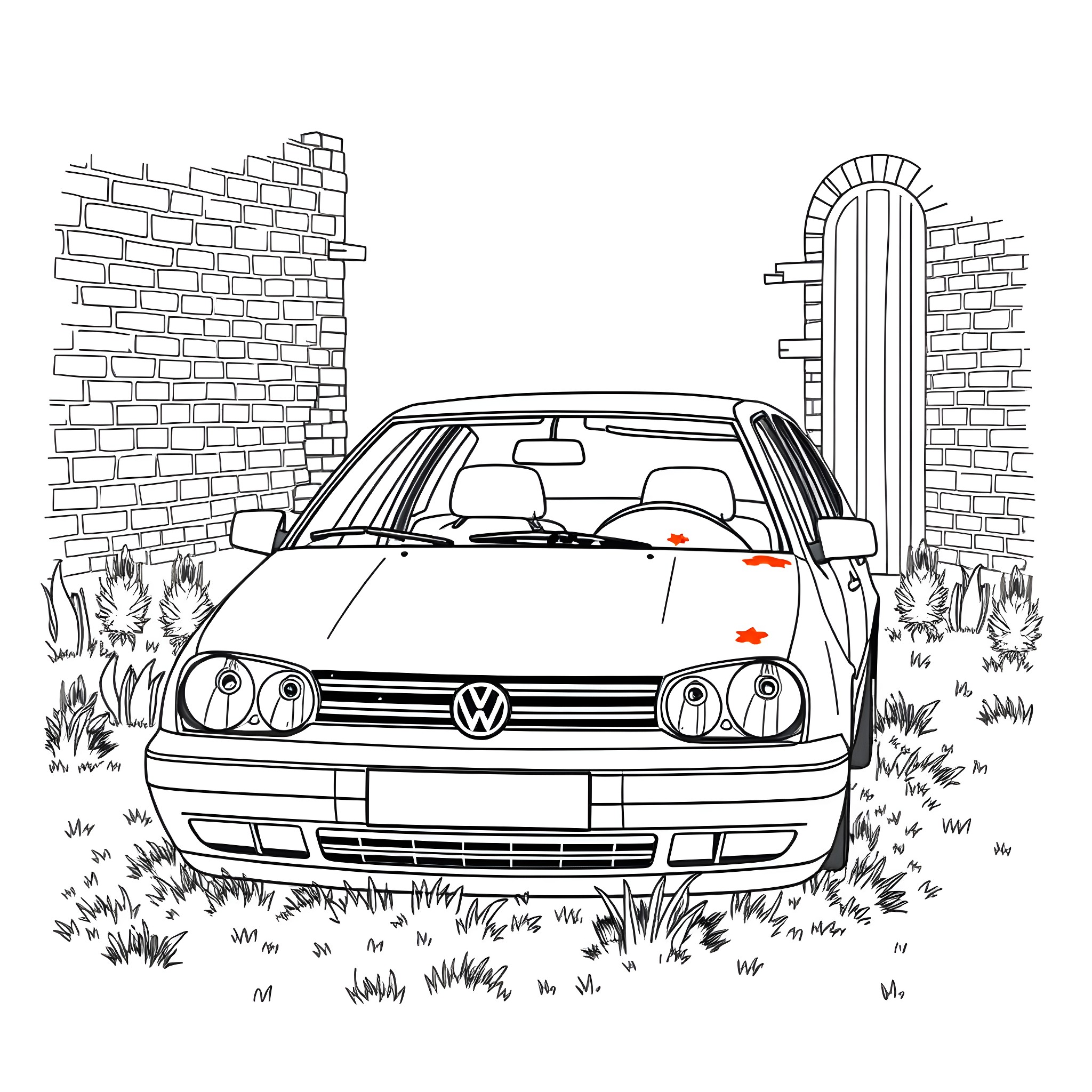 Volkswagen car parked in front of a brick wall Coloring Page (free black-and-white line drawing printable PDF for all, from beginners to advanced learners, including children, teens, adults, and seniors)