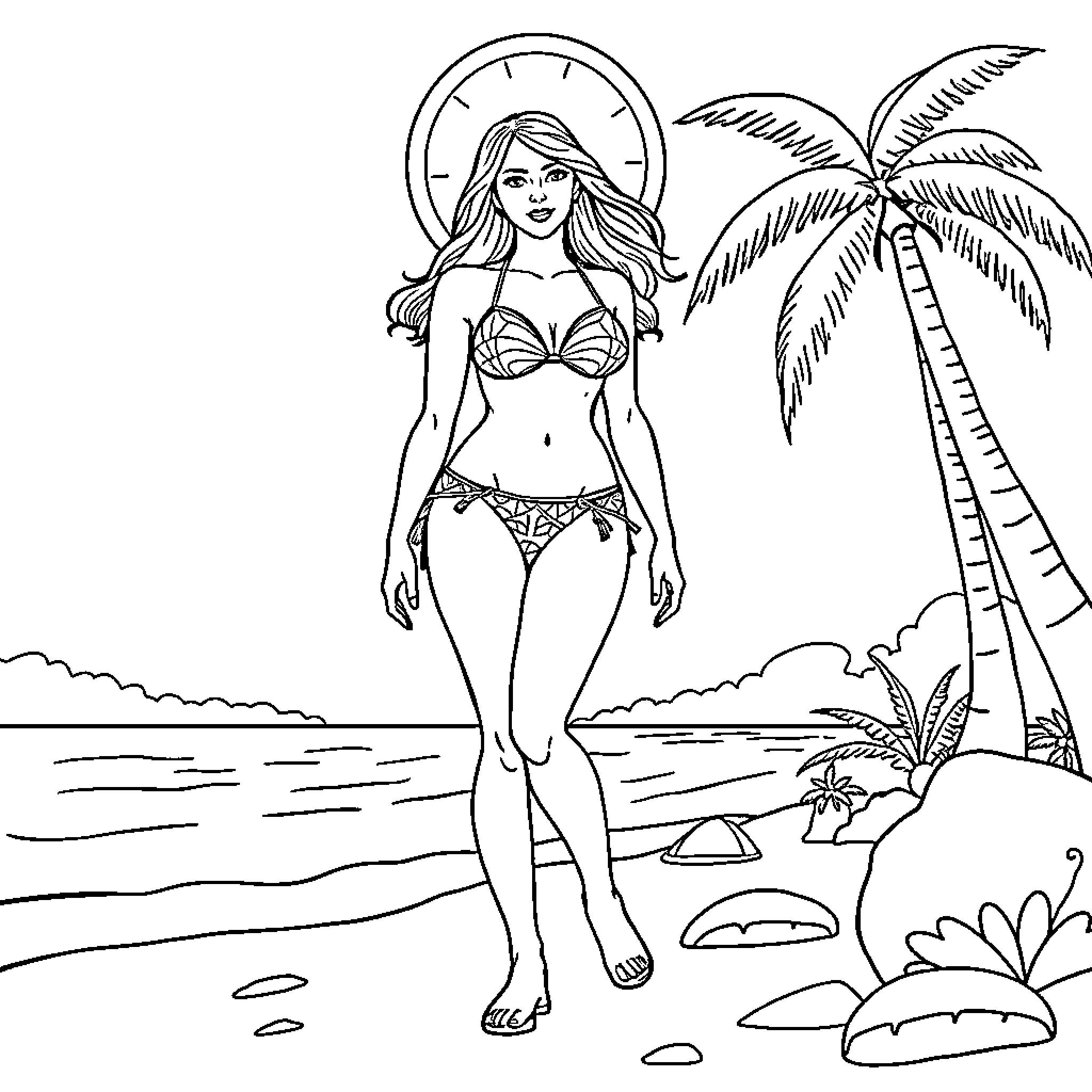 Saint in Tropical Beach Attire Coloring Page (free black-and-white line drawing printable PDF for all, from beginners to advanced learners, including children, teens, adults, and seniors)