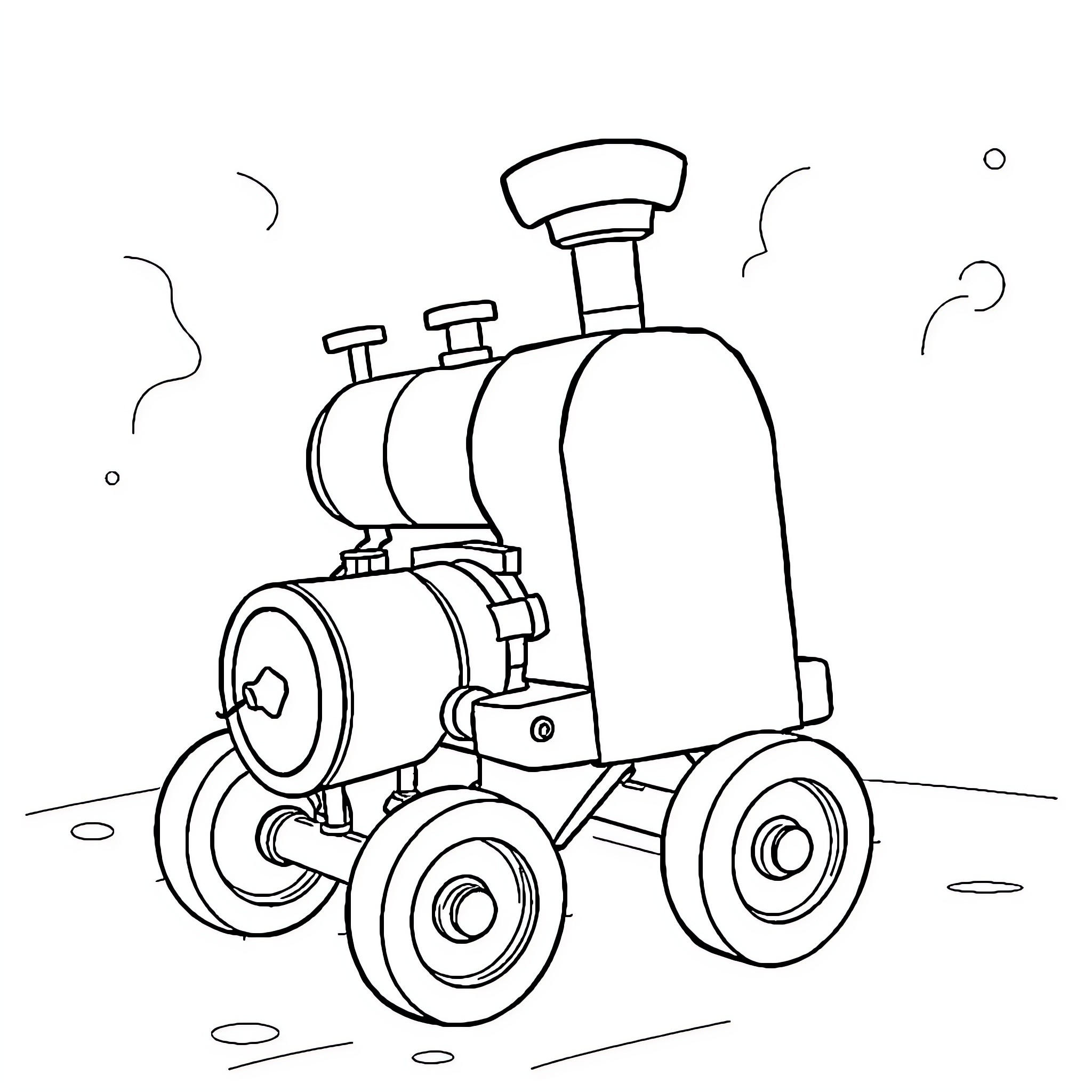 Machine with Wheels and Tanks Traversing Terrain Coloring Page (free black-and-white line drawing printable PDF for all, from beginners to advanced learners, including children, teens, adults, and seniors)