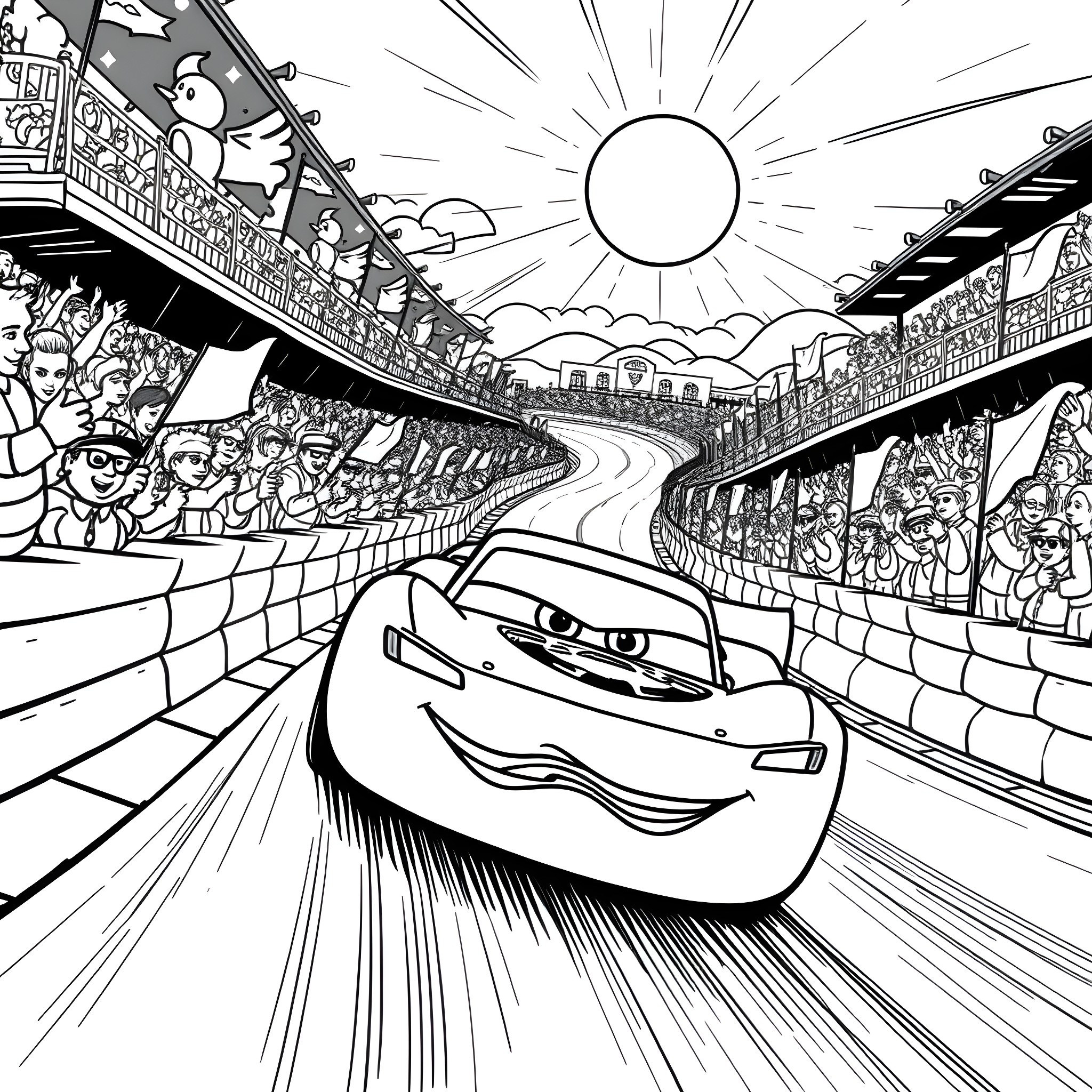 Lightning McQueen Racing on the Track with Fans Coloring Page (free black-and-white line drawing printable PDF for all, from beginners to advanced learners, including children, teens, adults, and seniors)