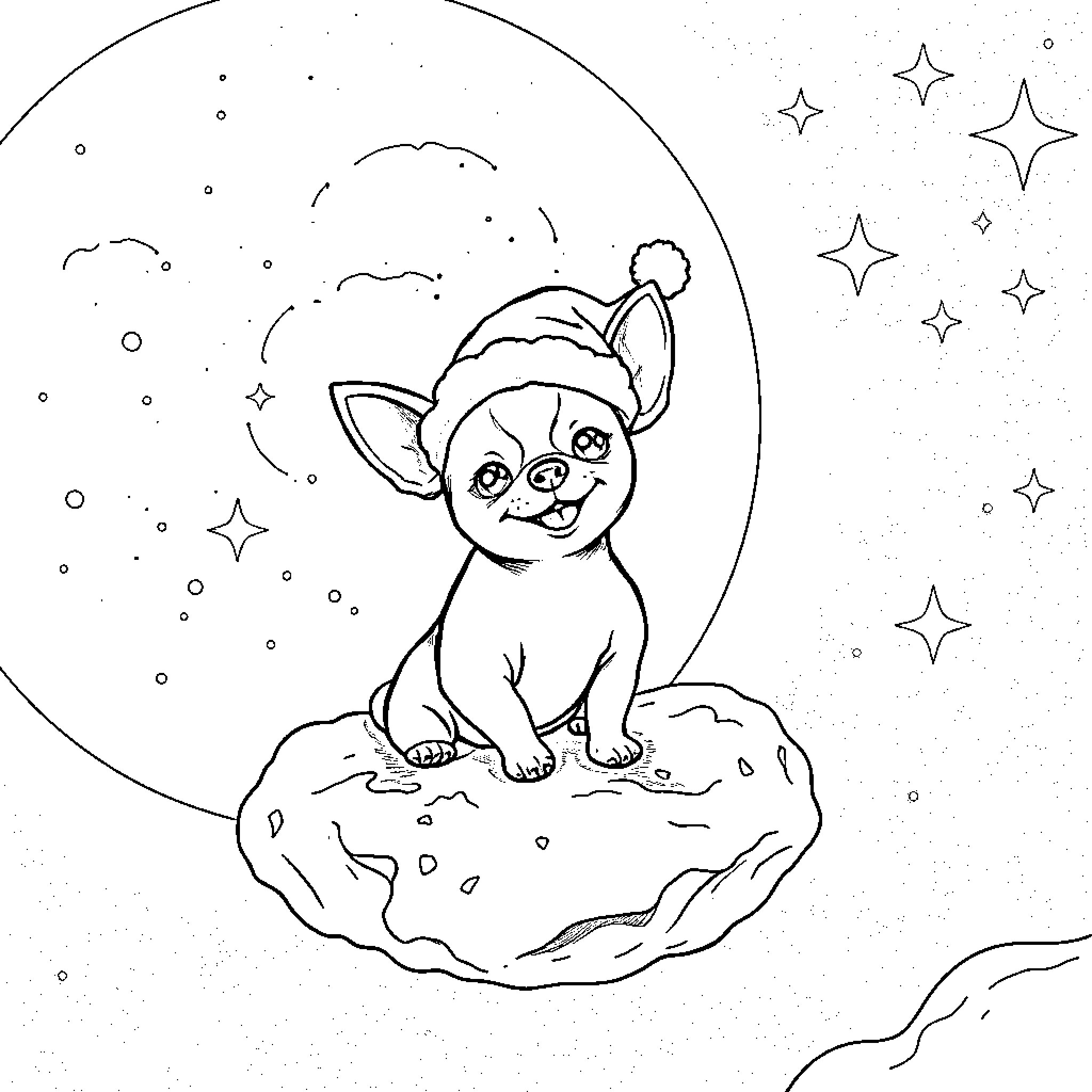 Chihuahua enjoying a starry night Coloring Page (free black-and-white line drawing printable PDF for all, from beginners to advanced learners, including children, teens, adults, and seniors)