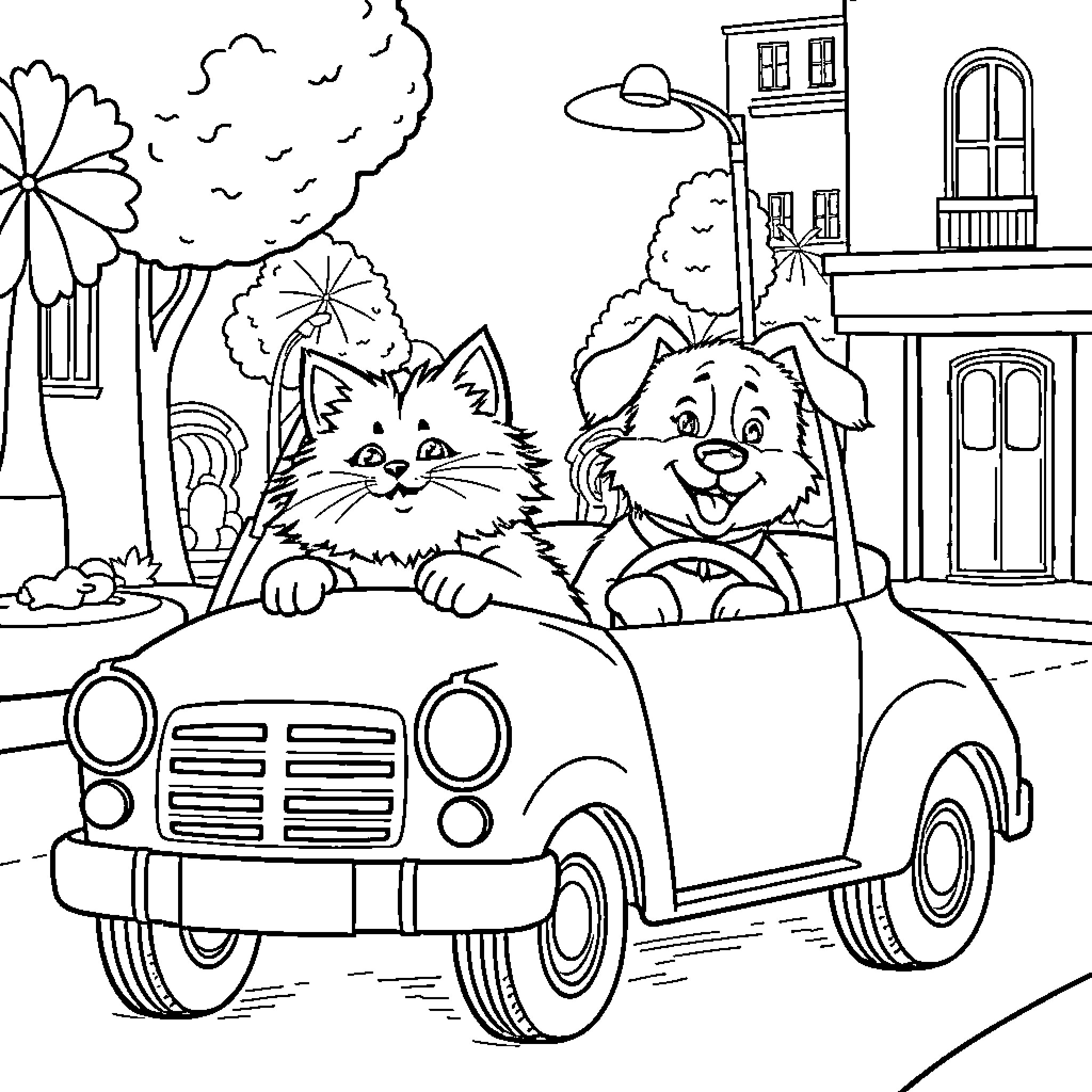 Cat and Dog Driving a Car in the City Coloring Page (free black-and-white line drawing printable PDF for all, from beginners to advanced learners, including children, teens, adults, and seniors)